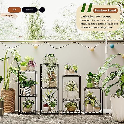 Miniatura 8 de Bamworld Soporte para plantas de interior de 3 niveles, estante para plantas al aire libre, soporte para múltiples macetas, soporte para plantas
