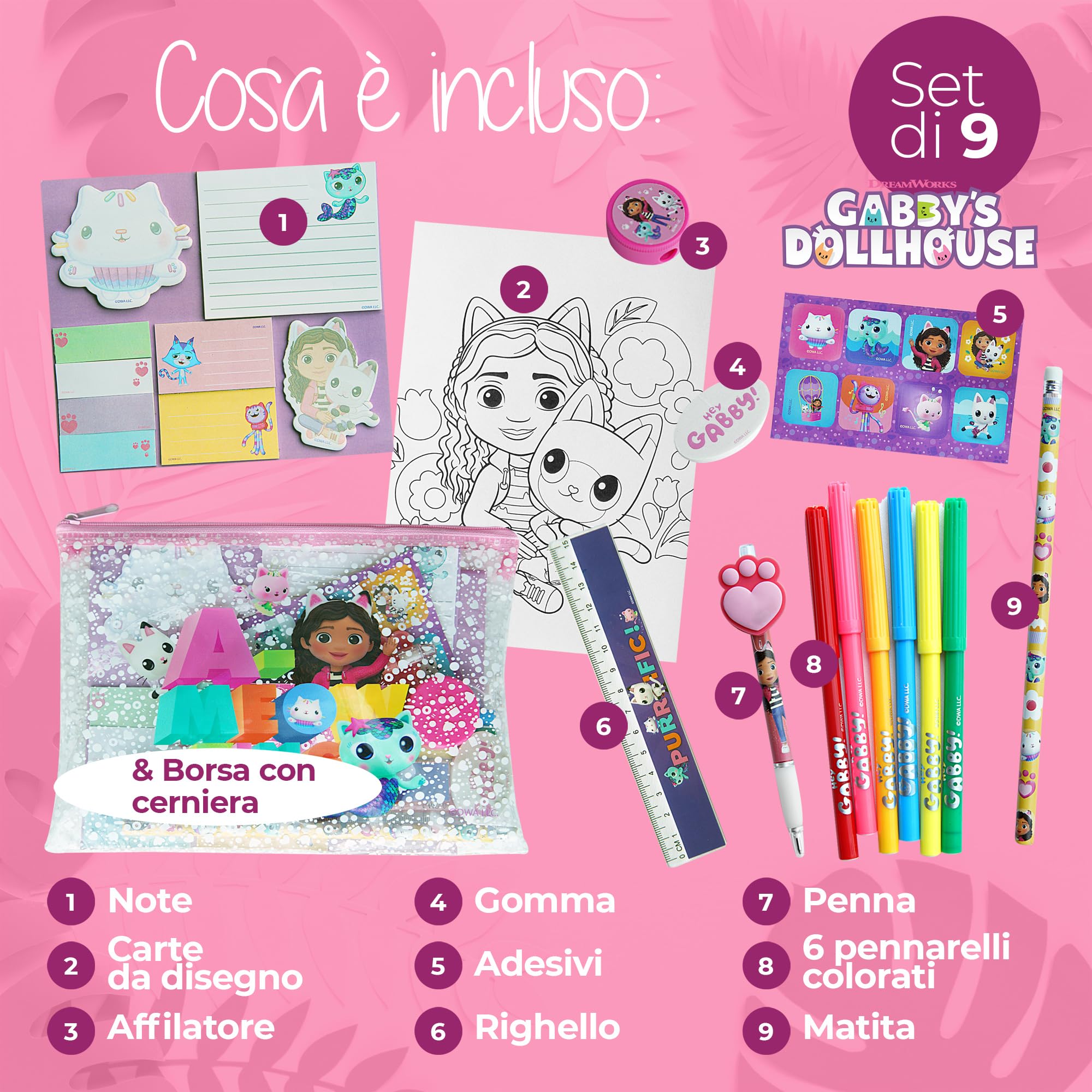 Gabby's Dollhouse - Cancelleria Gabby's Dollhouse - Set Gadget e Oggetti di Gabby con Adesivi, Penne e Pennarelli - Cose di Gabby per Bambini e Fan della Casa delle Bambole