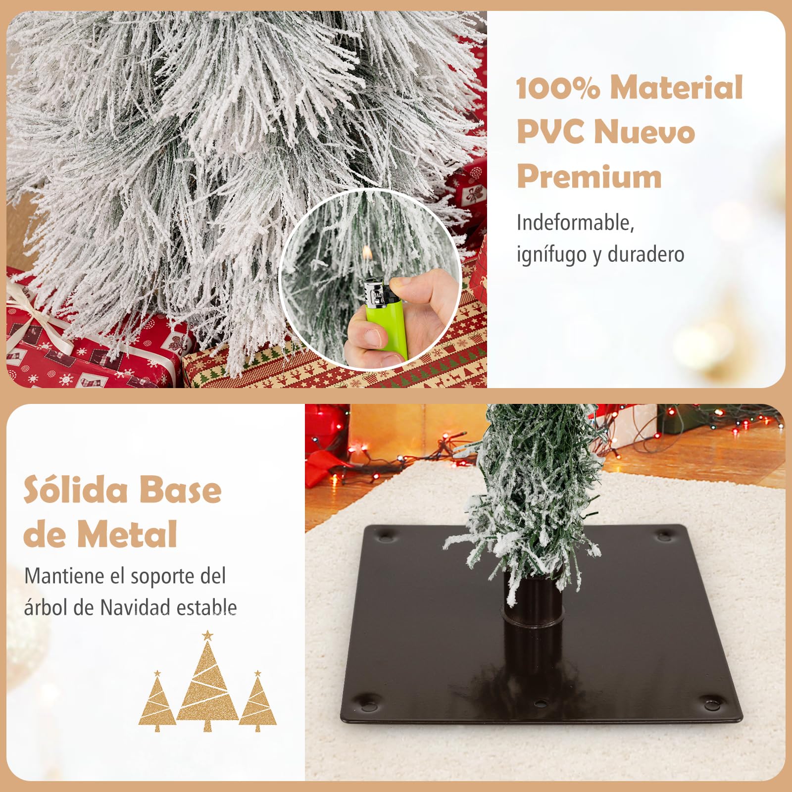 COSTWAY Juego de 3 Árboles de Navidad Nevado 90cm, 120cm y 150cm, Arbol de Navidad con Luces Incorporadas, 30, 50 y 70 Luces LED, Agujas de Pino, Christmas Tree w/Light