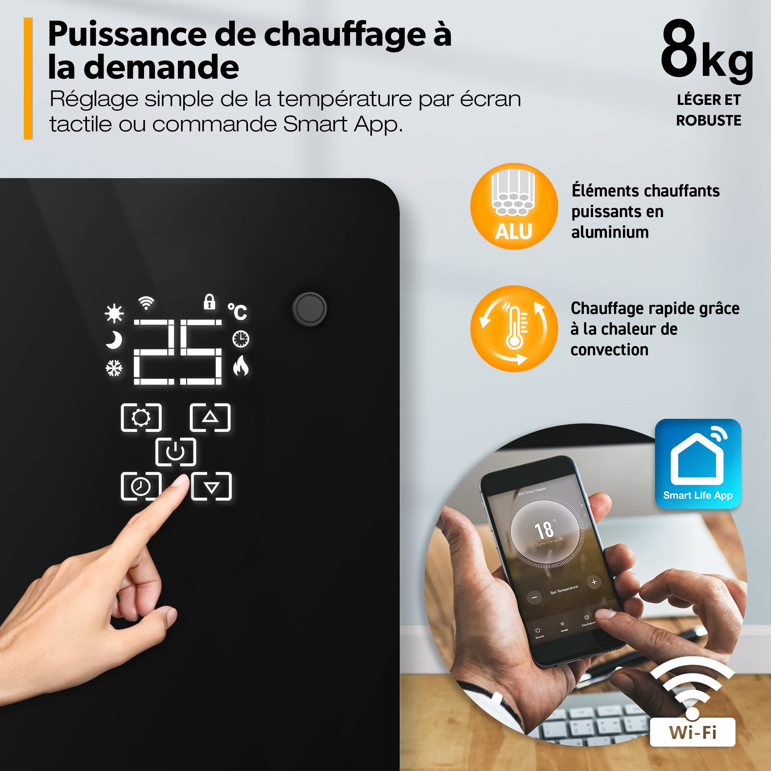 TRESKO® Radiateur Electrique Mobile avec APP & WiFi | Chauffage Electrique Mural Intelligent | Convecteur | Radiateurs Electriques chauffage au sol ou mural (Noir / 2000 W)