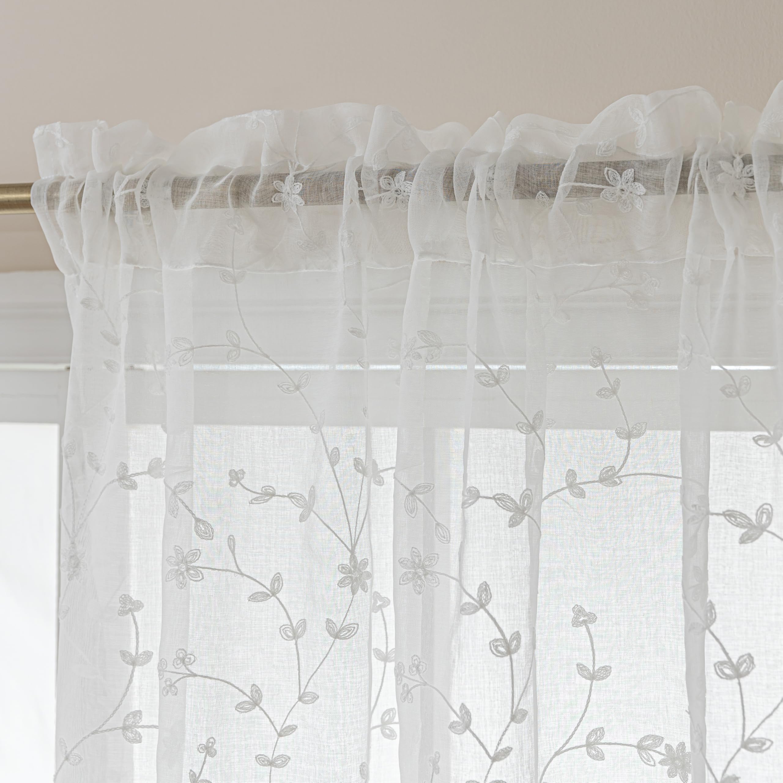MvchennL White Floral Sheer Curtains 2 Panels Elegant Vine Embroidered Light Filtering 72 inch Long Voile Drapes Rod Pocket for Living Room/Bedroom/Dining Room Children Window Treatment