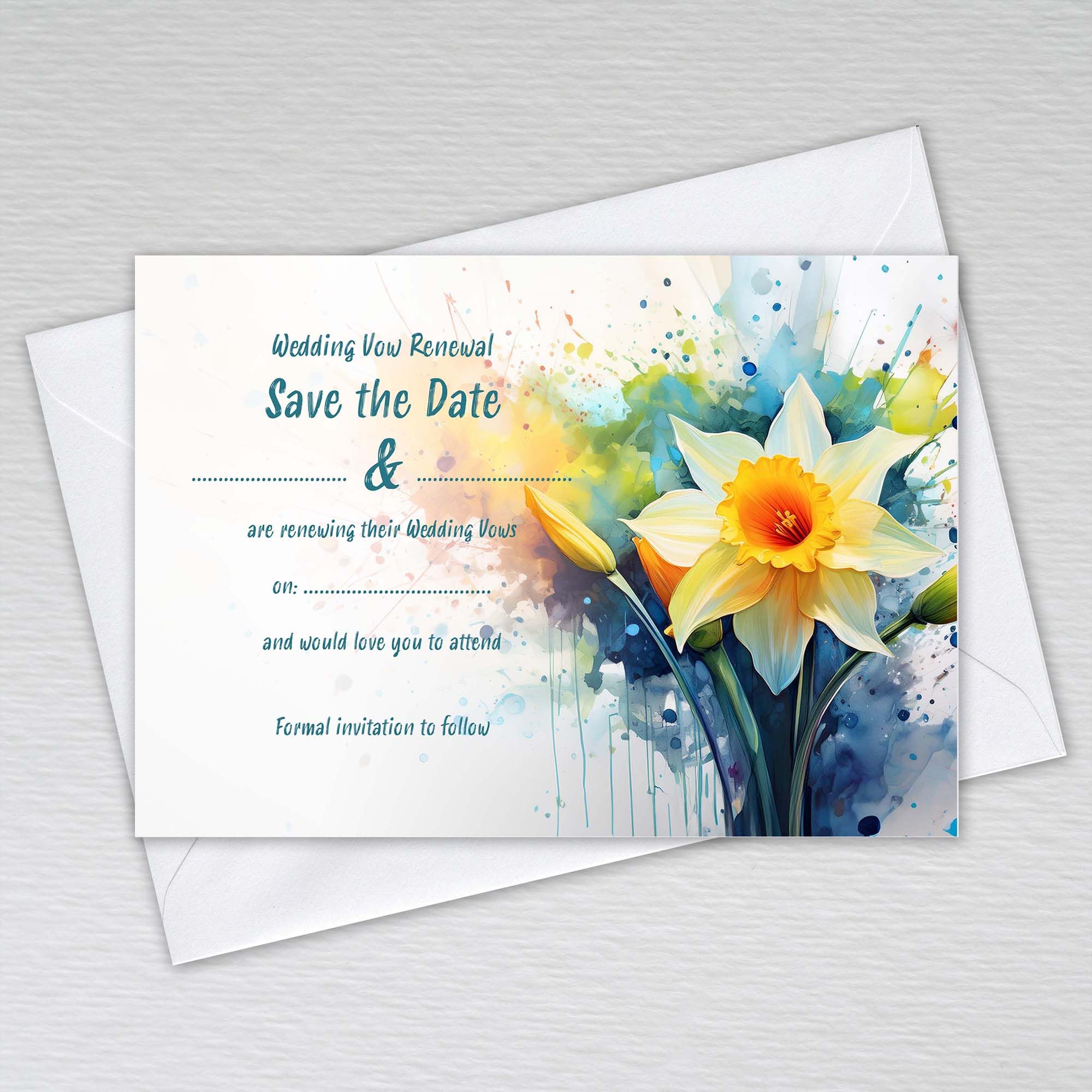 Daffodil Wedding Vow Renewal Save the Date Cards Welsh Yellow Flower / Save the Day Invitations: Floral Watercolour Daffodil Wedding Vow Renewal Save the Date Invites (Pack of 50 with Envelopes)