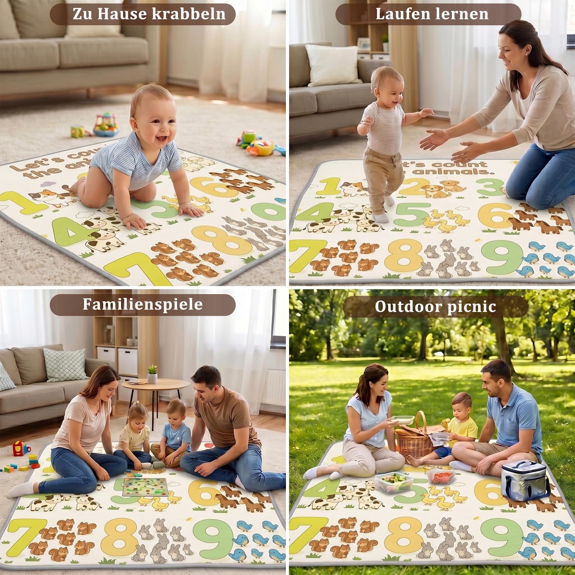 Koonmi Baby Spielmatte 120 cm, Krabbelmatte mit Zahlenmuster | Wasserdicht, für innen und außen, leicht zu reinigen, weich und robust für Babys und Kleinkinder
