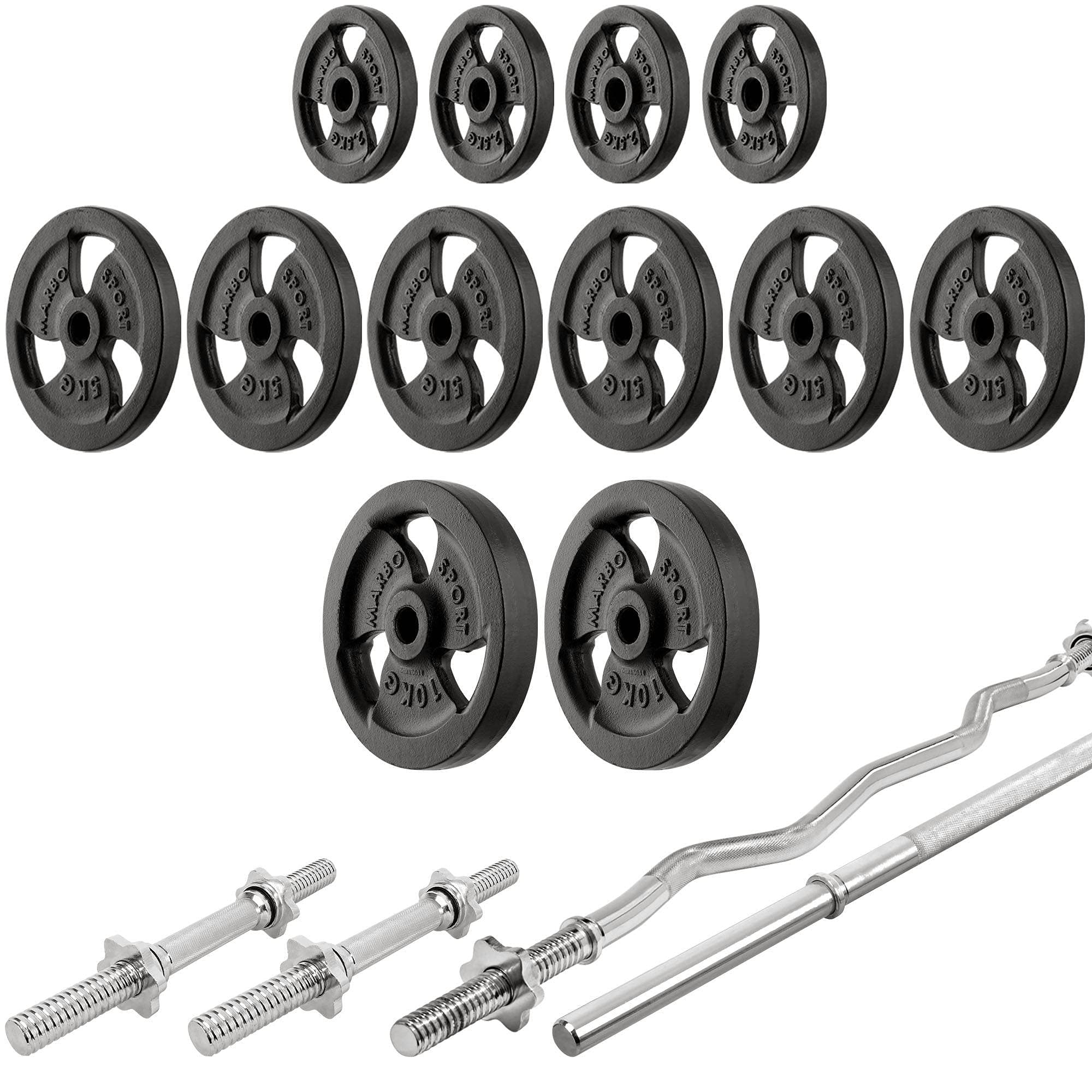Marbo Sport-Set MH10 – verstellbare Hantelbank, Langehantelständer, Curl-Bank, 1x SZ-Curlstange, 2X Kurzhantelstange, 1x Langhantelstange + Gewichtsscheiben/gummierte Gewichtsscheiben, 83/113 insg.kg