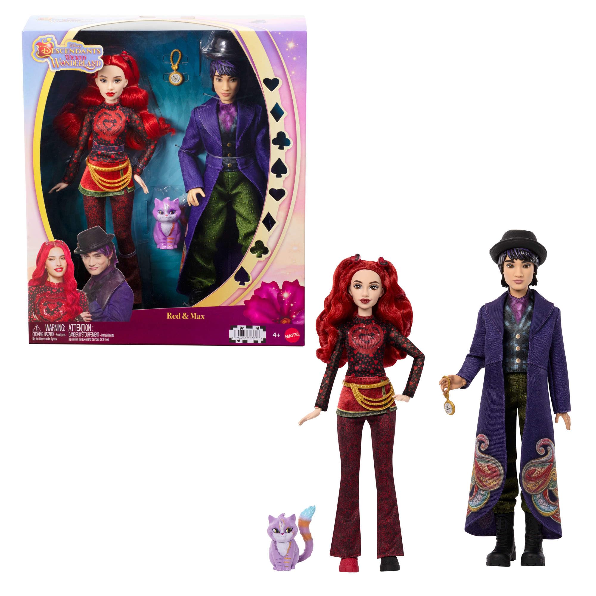Mattel Disney Descendants: Wicked Wonderland Red und Max Modepuppen | Set mit 2 Modepuppen Red und Max mit ausziehbaren Outfits, Katze als Freund und Taschenuhr Zubehör, JMP50