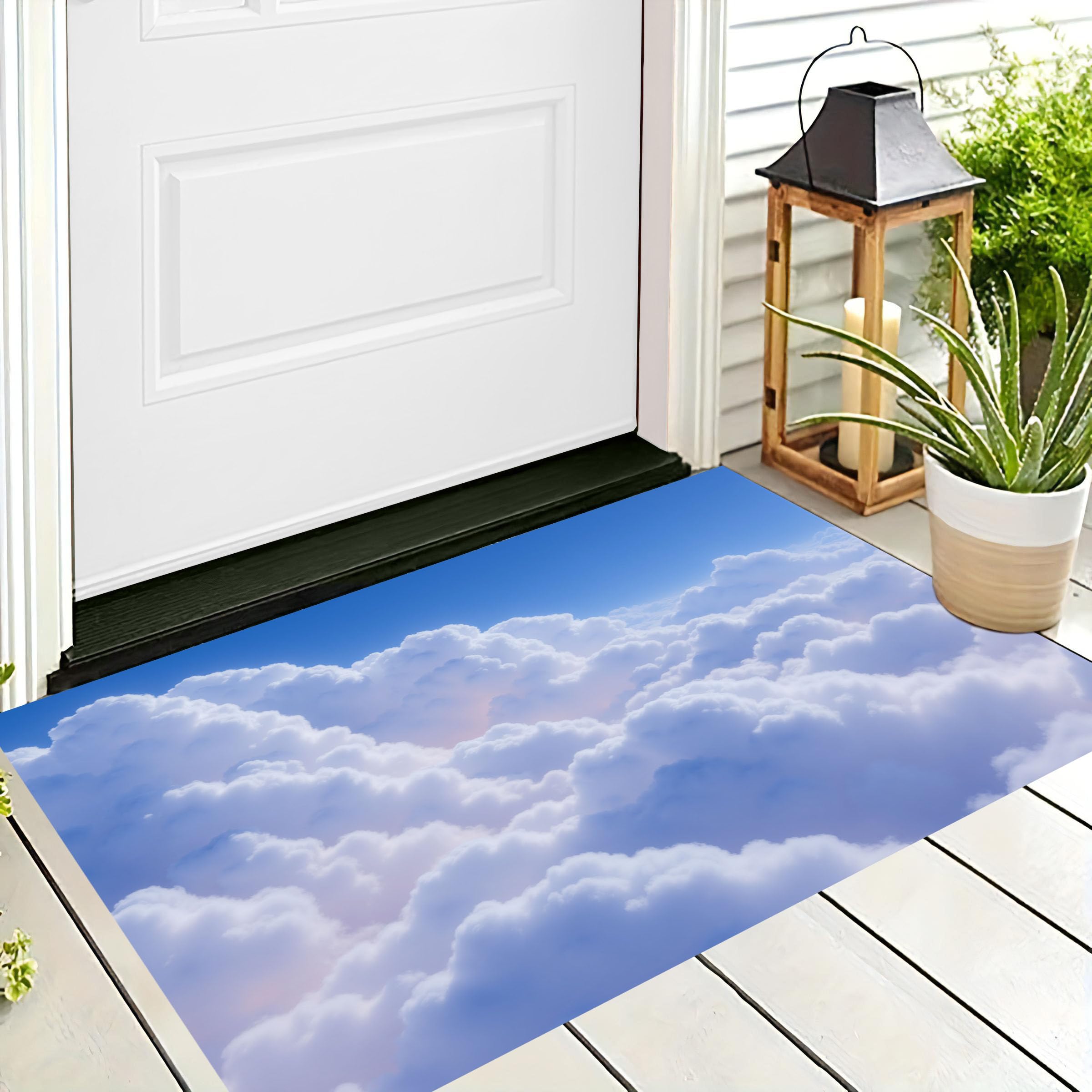 Tapis d'Entrée Antidérapant Bleu Ciel Nuages Blancs Lavable 50x80