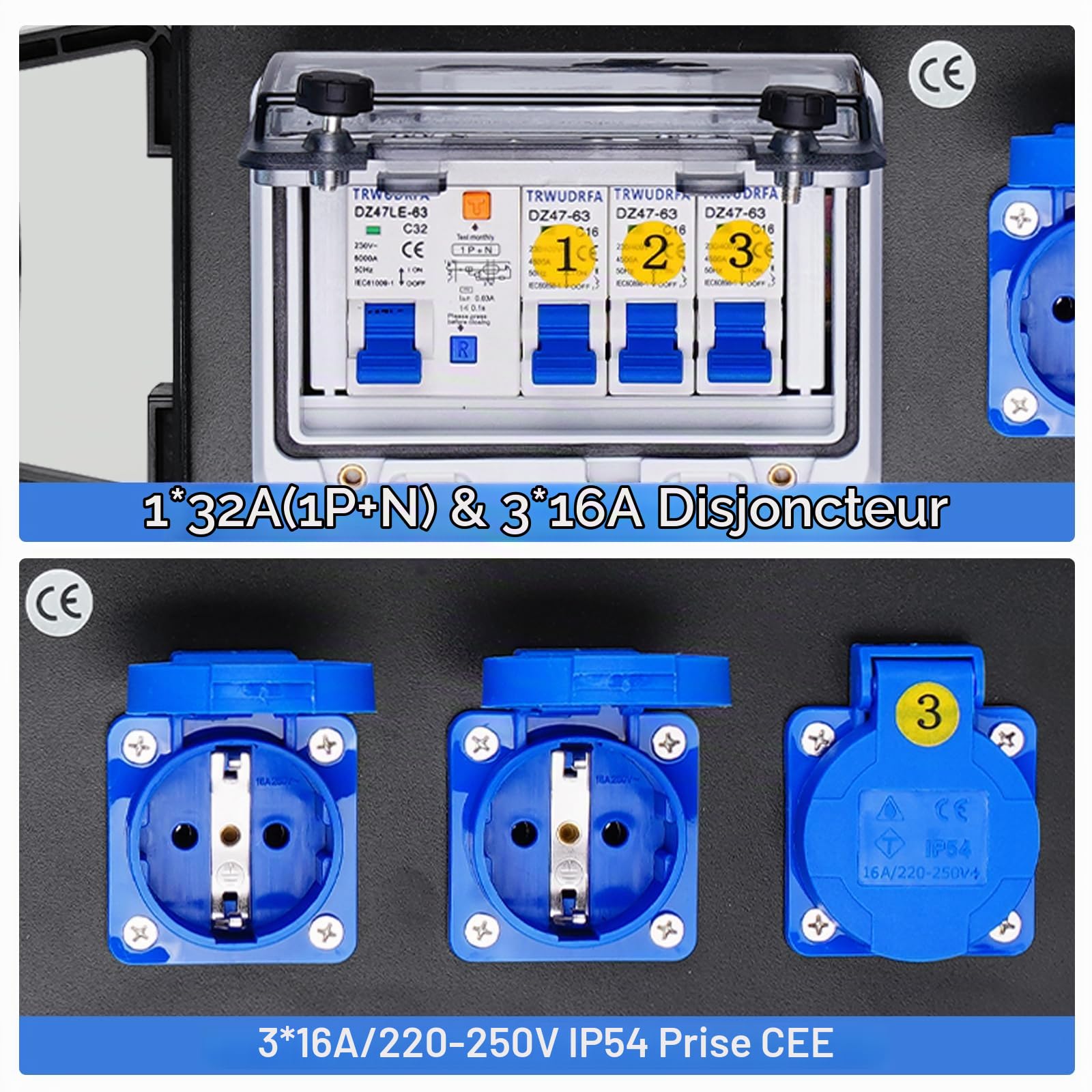 Coffret Électrique de Chantier - Coffret distribution portable avec 3 prises 250V 16A protection différentielle - Répartiteur avec fiche CEE 3P et câble 2m pour chantiers, caravanes