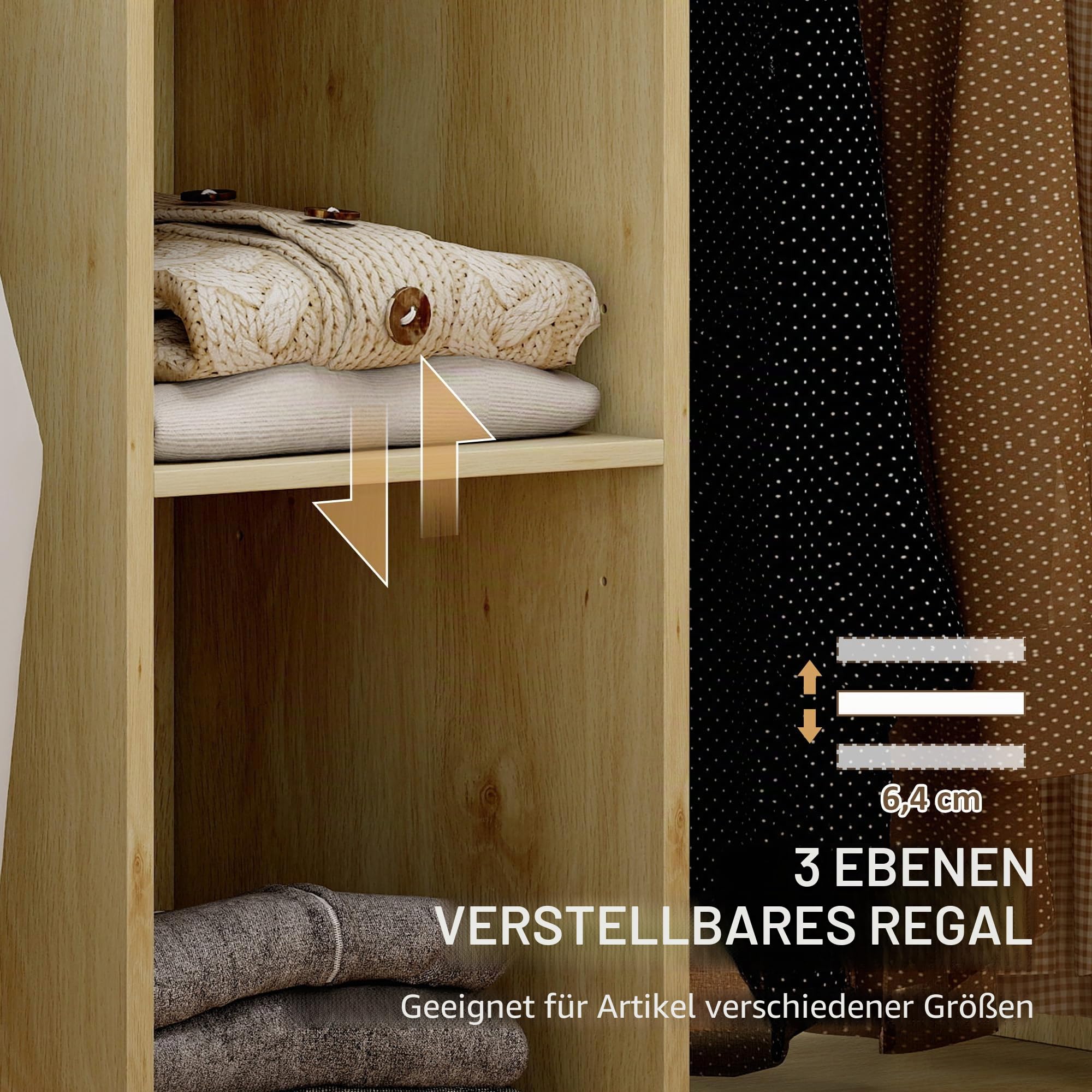 HOMCOM Bügelschrank aus Holz, Bügeltisch mit Rollen, Kleiderstange, offenes Regal, für Wohnzimmer, Schlafzimmer, 125 x 43,5 x 102,5 cm, Naturholz