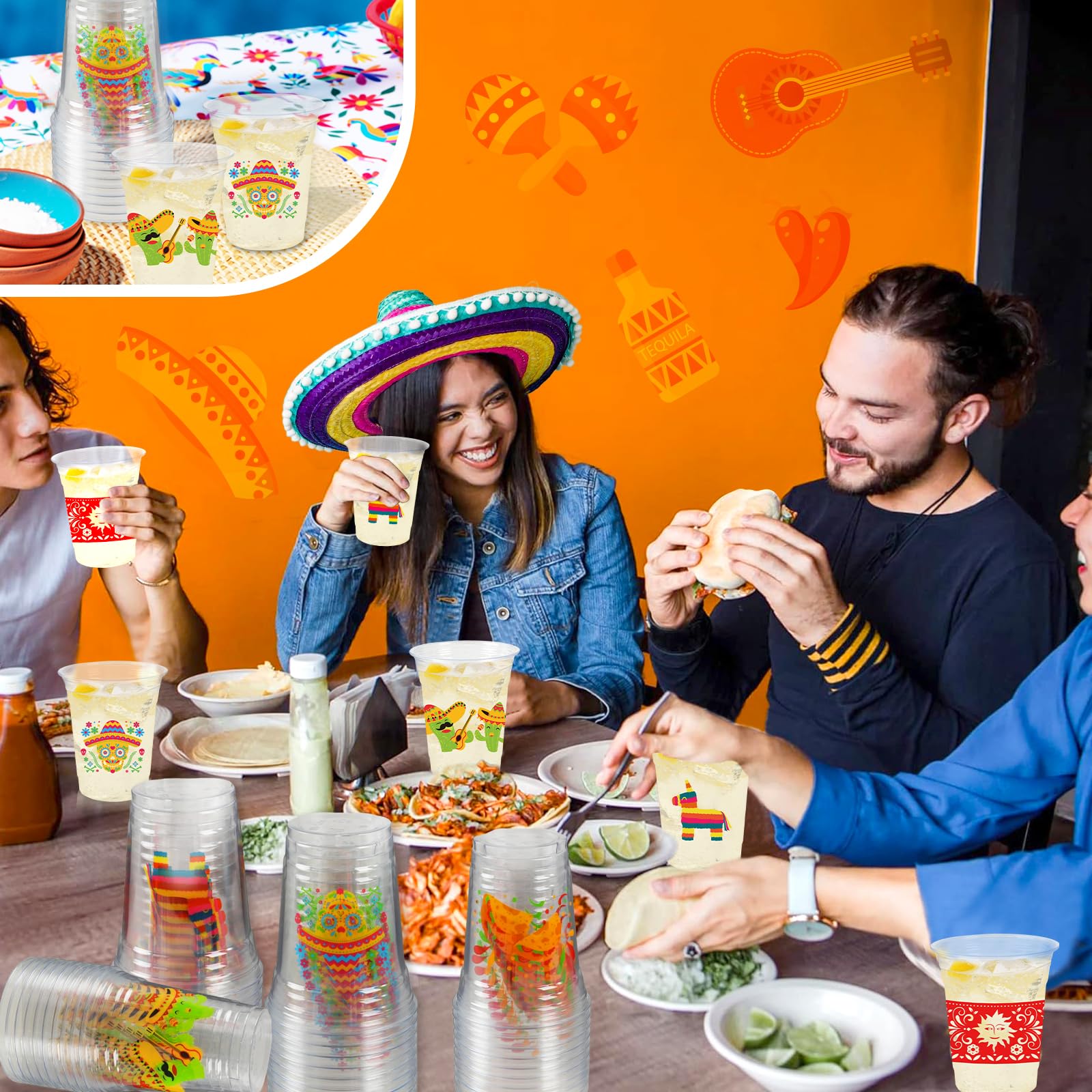 CUPLOOV 50Pcs Fiesta Cups,12OZ Plastic Disposable Clear Mexican Cups with 5 Pattern Designs for Cinco De Mayo Drinkware Party Supplies Taco Birthday Party Decorations