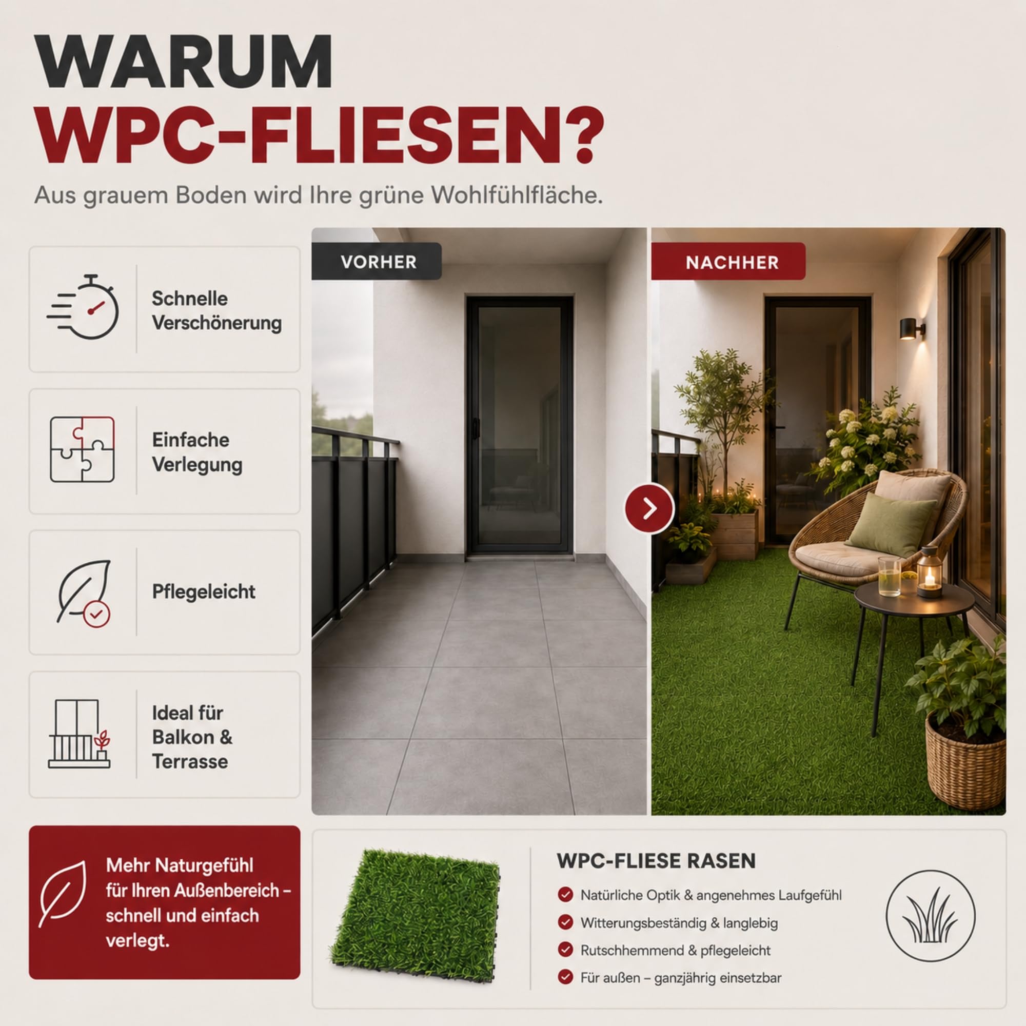TerraKlick WPC Klickfliesen Gras | 11 Stück 30x30cm, 1m², Grün