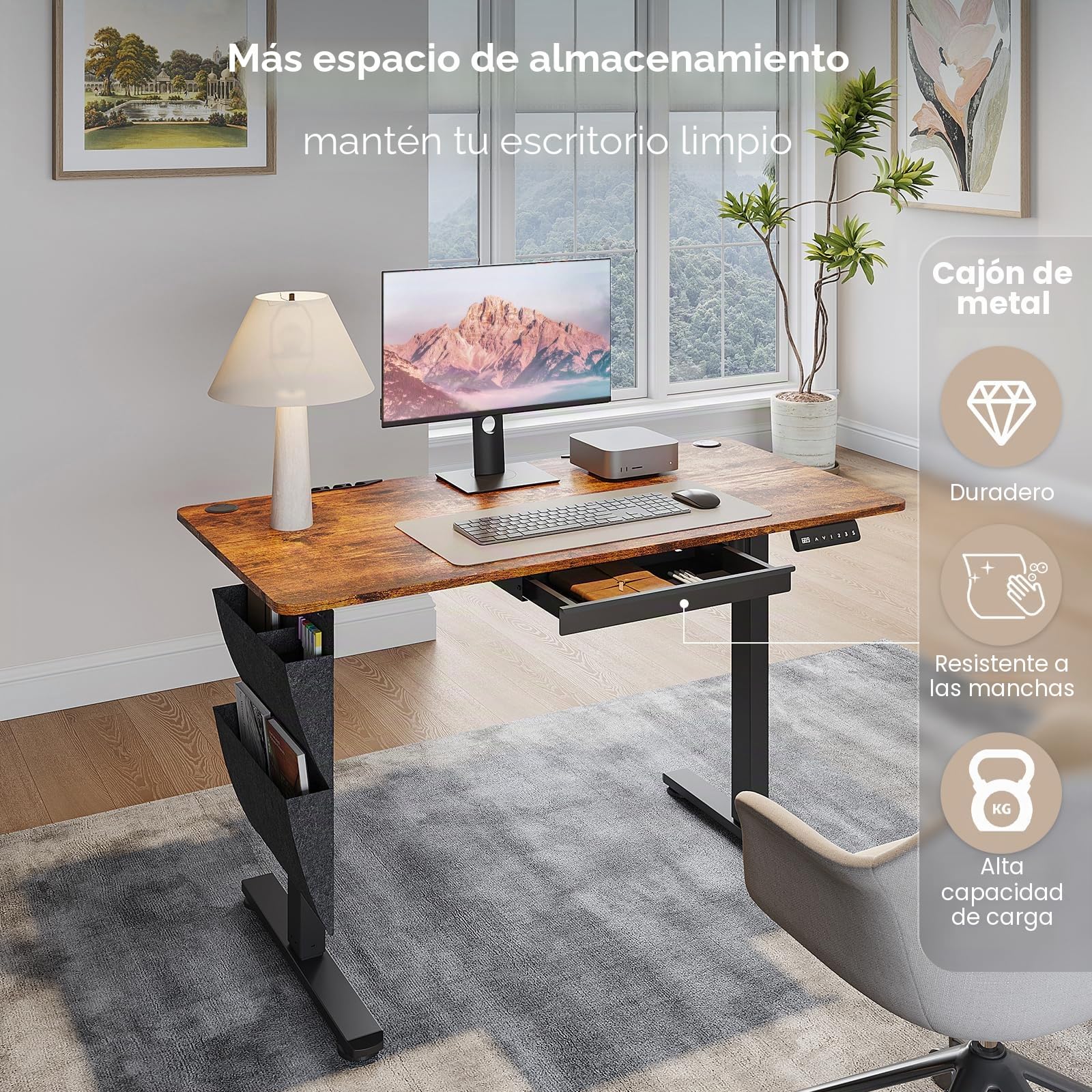 Escritorio Eléctrico Regulable en Altura, 120 x 60 cm Mesa de Trabajo Sentado/De Pie con Cajones & Función Memoria 3 Alturas, Escritorio de Computadora Ajustable para Oficina en Casa, Marrón