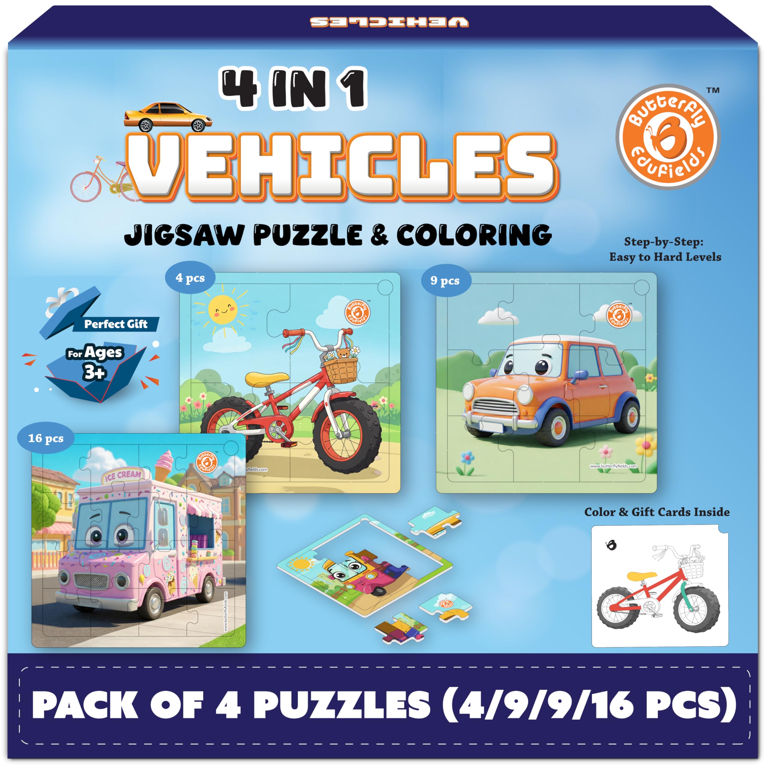Butterfly EduFields 4-in-1 Vehicles Jigsaw Puzzle Set for Kids Age 3-7 38 Pcs Brain-Boosting Puzzle Toy with Coloring Worksheets for Boys & Girls Preschool Learning