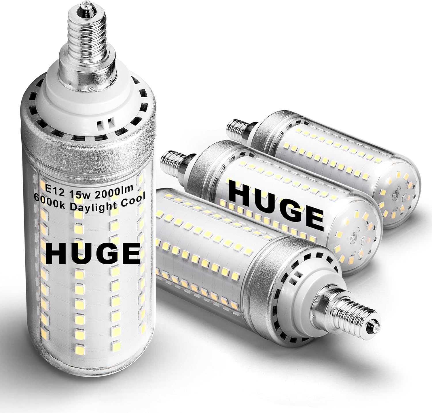 Big 1.57x 5.03 inch, E12 150w Replacement LED Candelabra Bulbs C7,6000K Daylight Bright,2200 lm T6 E12 15W LED Chandelier Light Bulbs for Ceiling Fan Pendant Lighting Floor Lamp,Non-dimmable,4 Pack