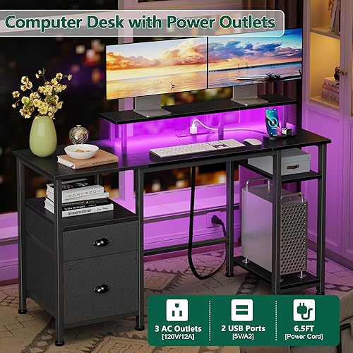 Miniatura 23 de Furologee Escritorio de 61 pulgadas con luz LED y tomas de corriente, escritorio reversible para computadora con archivador y cajón, escritorio