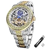 Vintage Watch for Men Engraved Automatic Self-Wind Mechanical Big Dial Luminous Moon Phase Golden Hollow Tattoo Pattern Wrist Watches, Mechanical