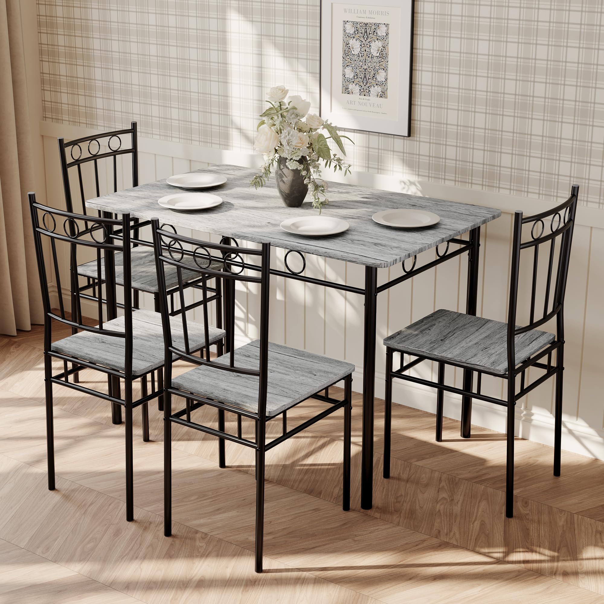 5 Piece Dining Table Set, Wood Kitchen Table and Chairs for Small Space,Breakfast Nook,Easy Assembly,Grey