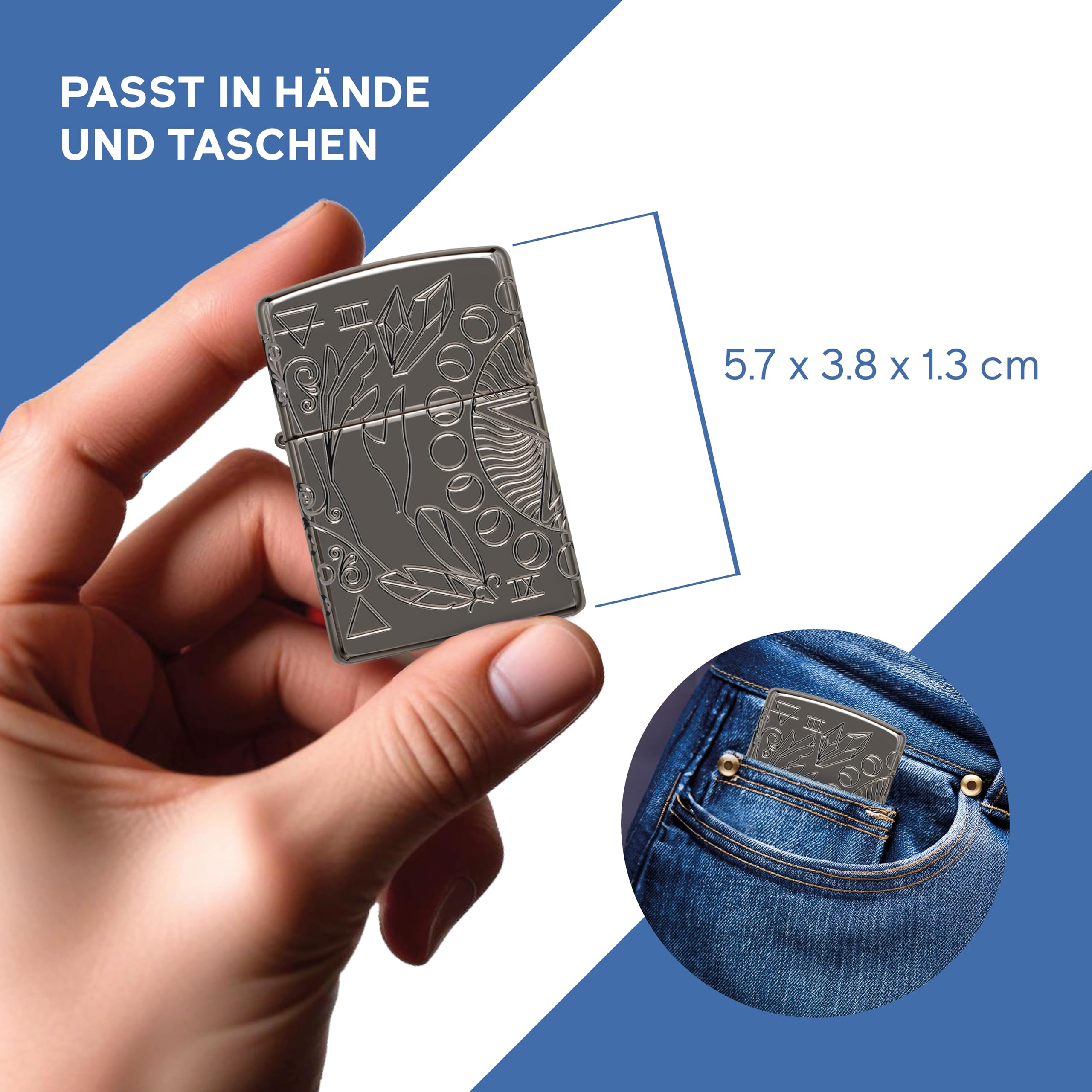 Zippo Sturmfeuerzeug - Wicca Design, Multi Cut - Armor High Polish Black Finish - Nachfüllbar - Wiederverwendbar - Windfestes Design - Geschenkbox - Made in USA