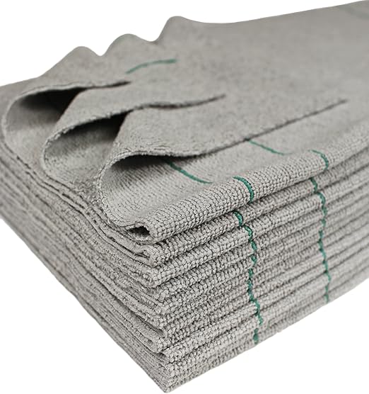 Silver-Embedded Microfiber Towels, Edgeless, Lint-Free, Odor-Resistant, Ultra Absorbent, Streak-Free Cleaning for Auto, Home, Kitchen, Glass & Electronics, 16x16 in, 12-Pack, Green Stripes
