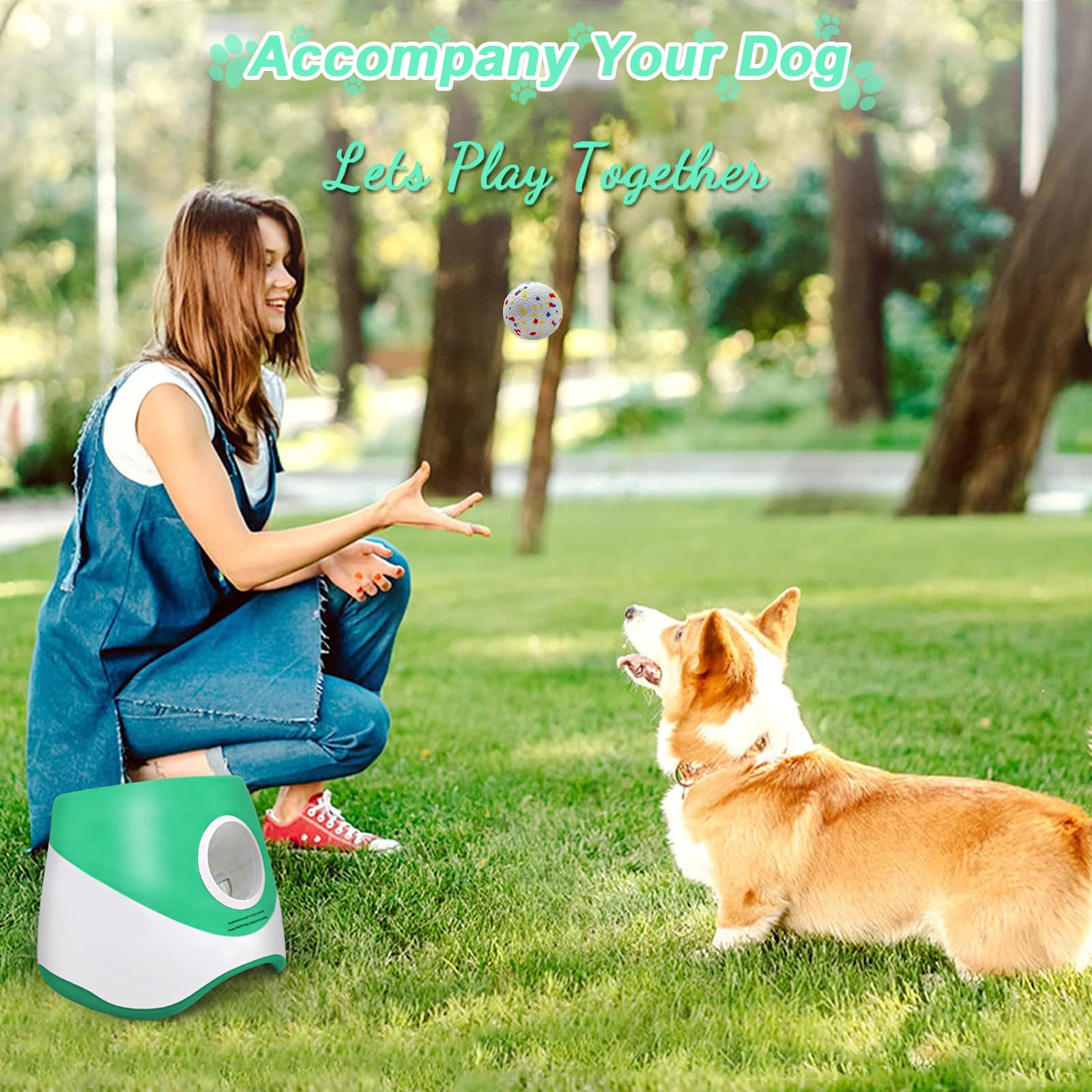 Lanceur de balle automatique pour chiens avec mode aléatoire, 3 réglages à 14,6 m, lanceur de balles rechargeable avec 4 balles de tennis ETPU pour petites et moyennes races