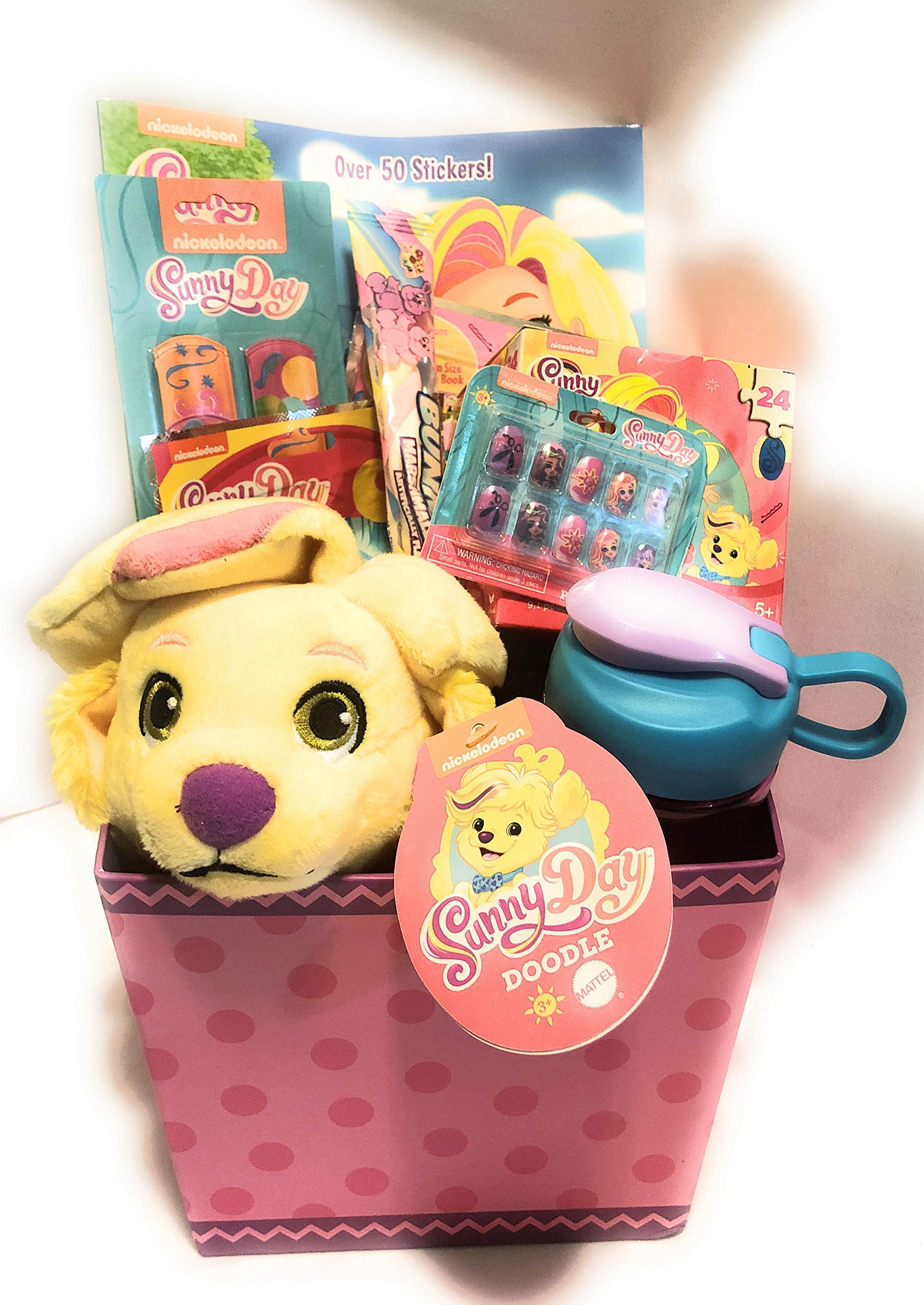 Nickelodeon Sunny Day Easter Basket OR Birthday Basket - Candy, Play Pack, Bubbles, Cup, Stickers, Candy, Water Bottle – 19 Pieces.