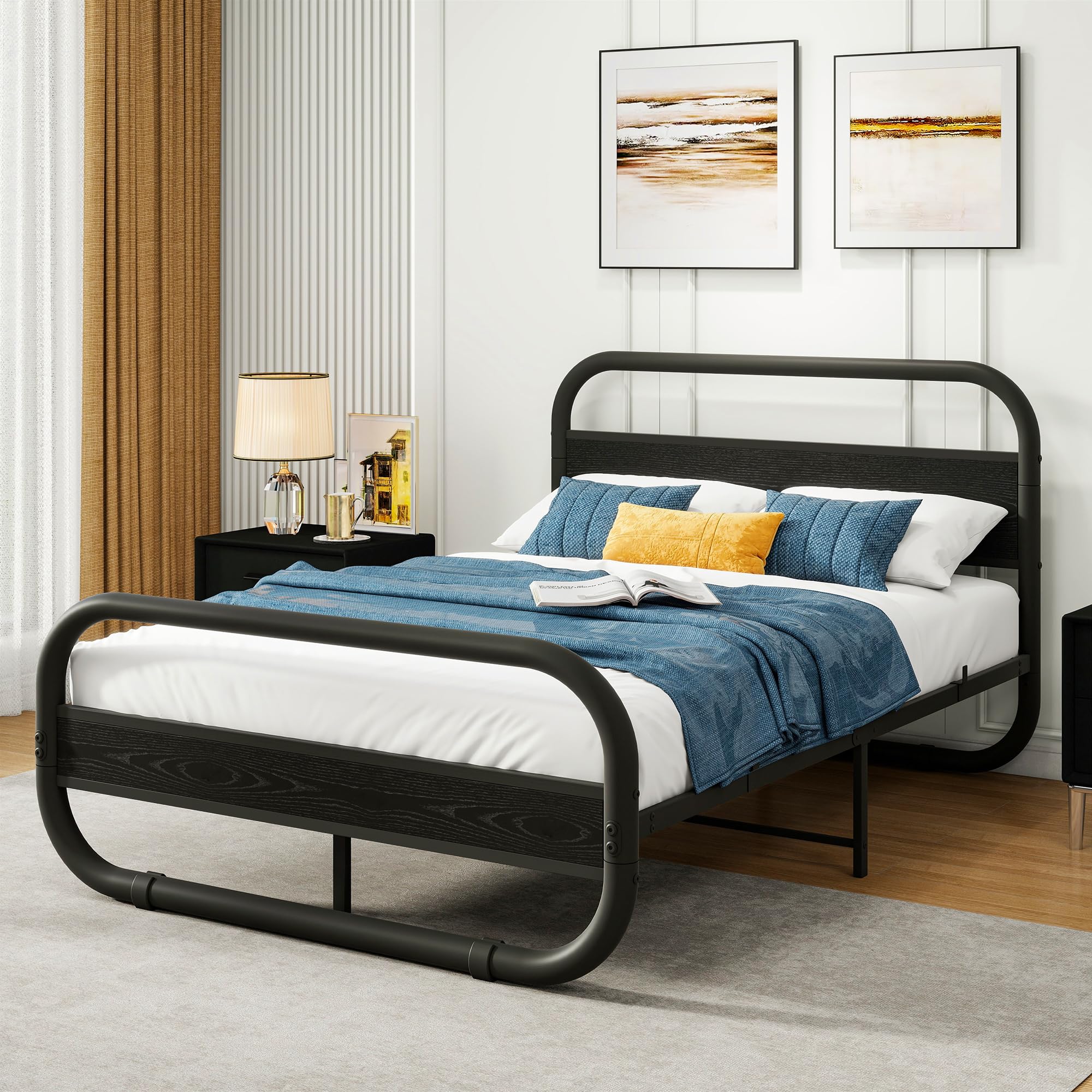 HOMERECOMMEND Metalowe łóżko 120 x 200, rama łóżka z metalu i drewna ze stelażem, rama łóżka 120 x 200 cm z zagłówkiem, owalne łóżko platformowe z miejscem do przechowywania pod łóżkiem, czarne