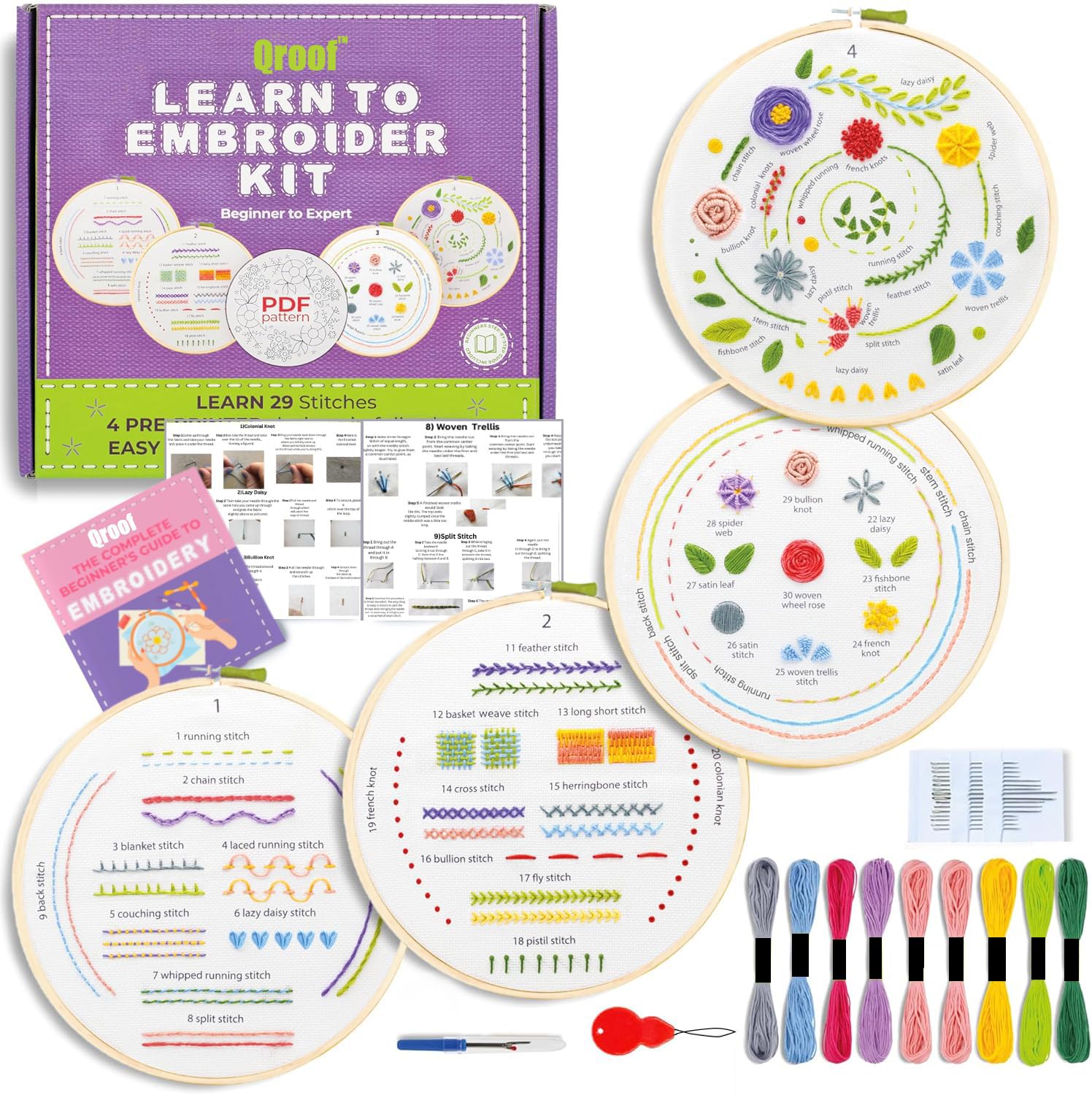 Qroof Diy Beginners Embroidery Cross Stitch Starter Kit -4 Patterns Fabric Set, Hoop, Threads, And Supplies For Hand Eembroidery Beginners Kids, Adults, Women, Multicolor