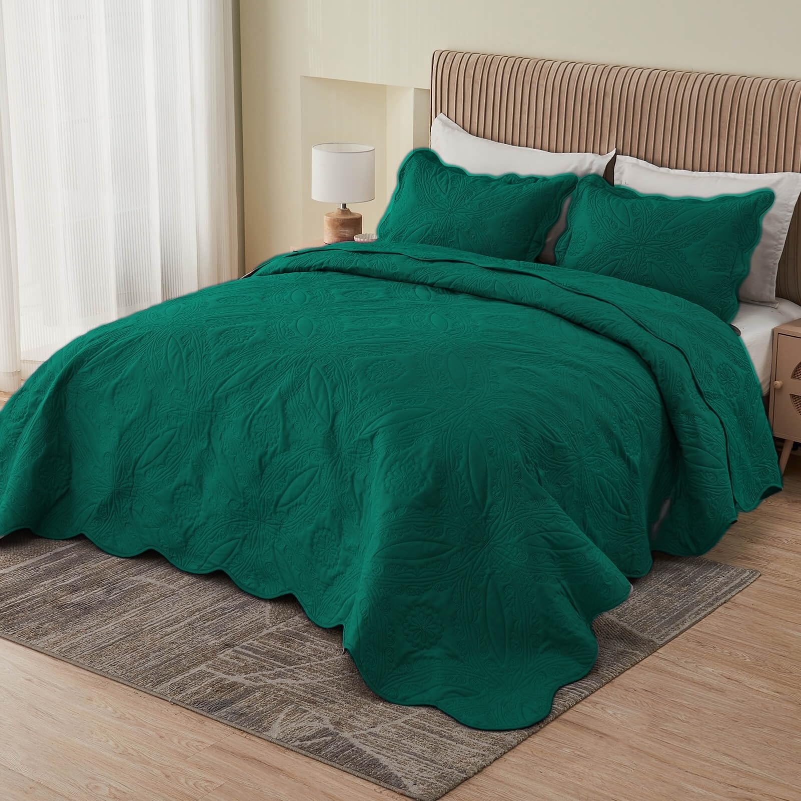 Kingnex Oversized King Bedspreads 128x120 for Extra Wide Tall King or Cal King Bed Ultrasonic Quilted Coverlet Set 3 Piece Include 1 Quilt 2 Pillowcases Rain Forest Green
