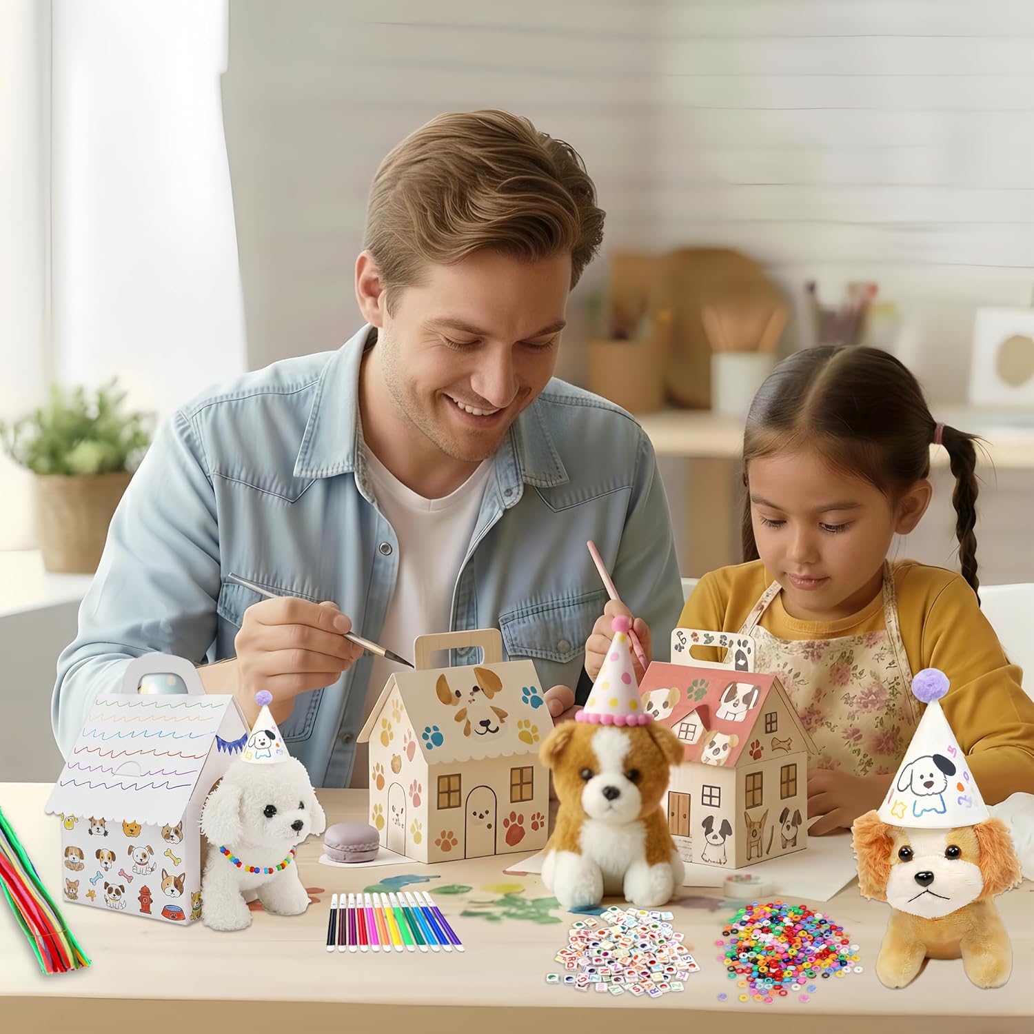 MXQHXZSX 148 Pcs Adopt a Puppy Party Favors DIY Dog Party Boxes Set Include 20 Foldable Puppy Boxes 20 Adopt Cards 20 Birthday Hats Dog Collar Necklace Kit for Pet Birthday Party DIY Craft