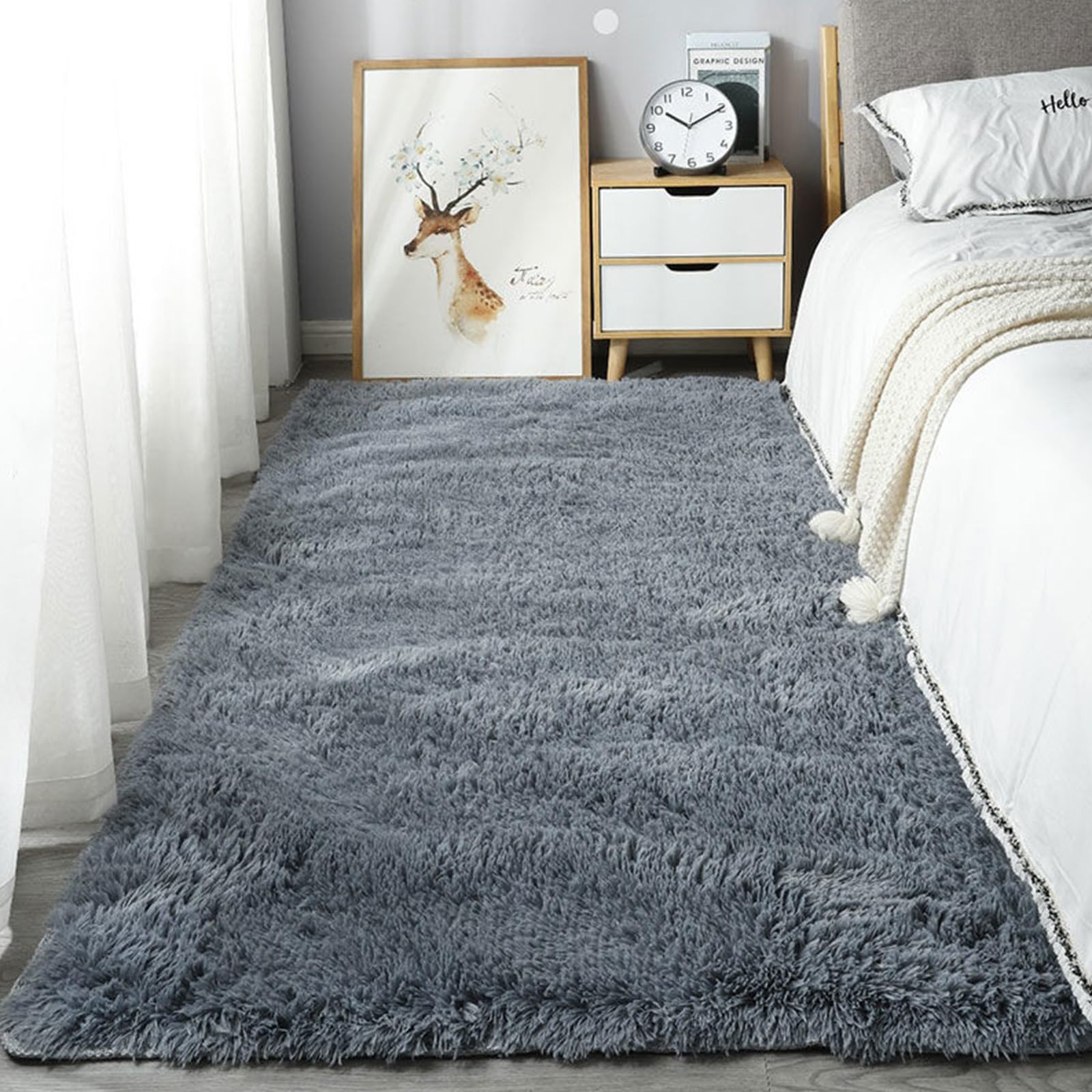 Tapis de chambre doux 215 x 215 cm au fini shaggy haute densité gris
