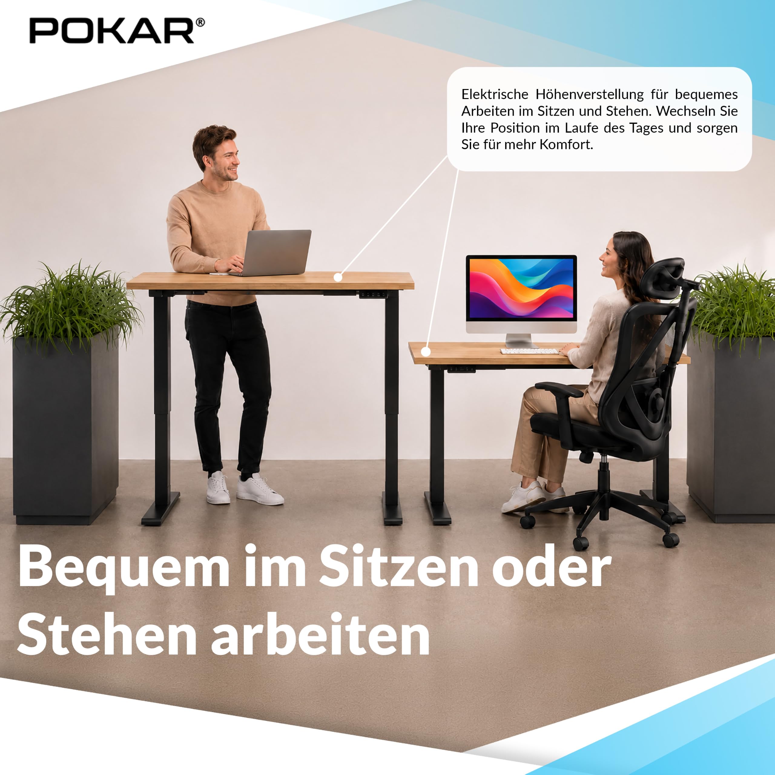 POKAR Höhenverstellbarer Schreibtisch Elektrisch 120x80 cm | Massive 25mm Platte | Memory-Panel mit USB-C und USB-A | Steh-Sitz-Tisch für Home Office | Gestell Schwarz, Platte Sonoma Eiche