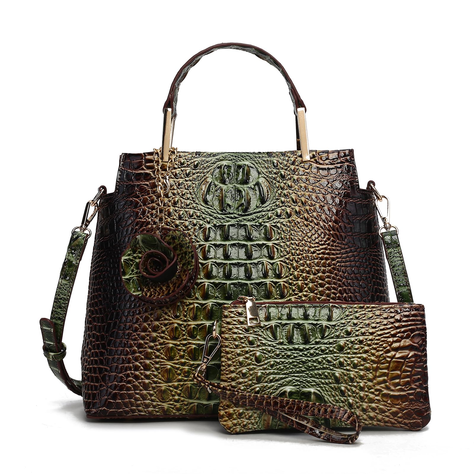 Gradient Tote Bag for Women with Wallet, 2-Piece Crocodile Purse Set, Large Structured Shoulder Bag for Work