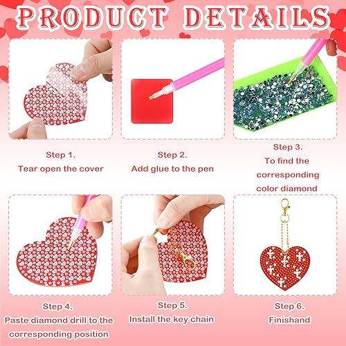 Miniatura 6 de Remuuly 30 llaveros de pintura de diamantes para el día de San Valentín con herramientas 5D de corazón de pintura de diamante, kits de llaveros