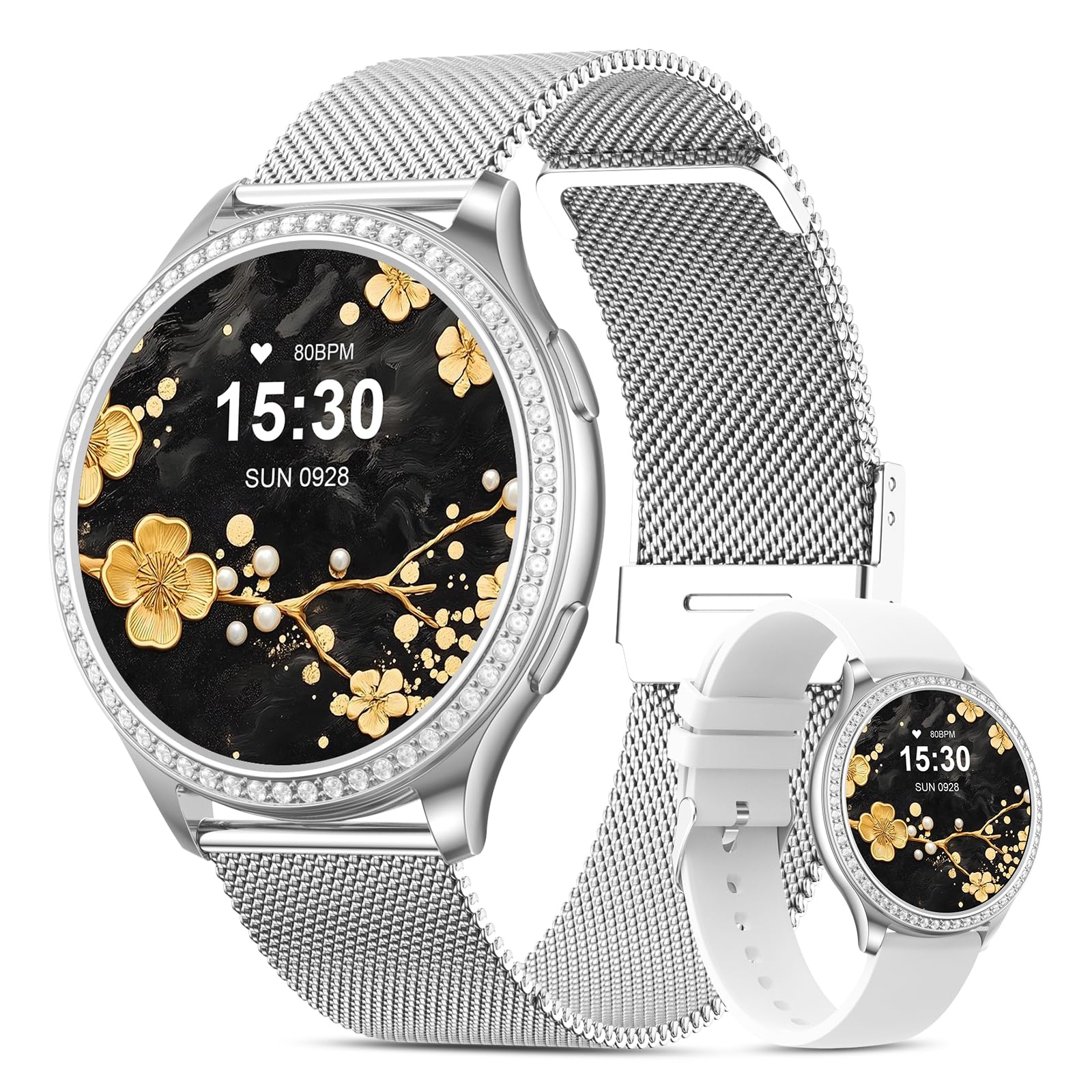 elfofle Smartwatch Donna con funzione telefonica, 1,32" IPS Screen IP68 Impermeabile /120 Modalità Sport/Orologio da Polso/SpO2/Ciclo Mestruale Monitor Sonno Diamond Smart per iOS Android Argento