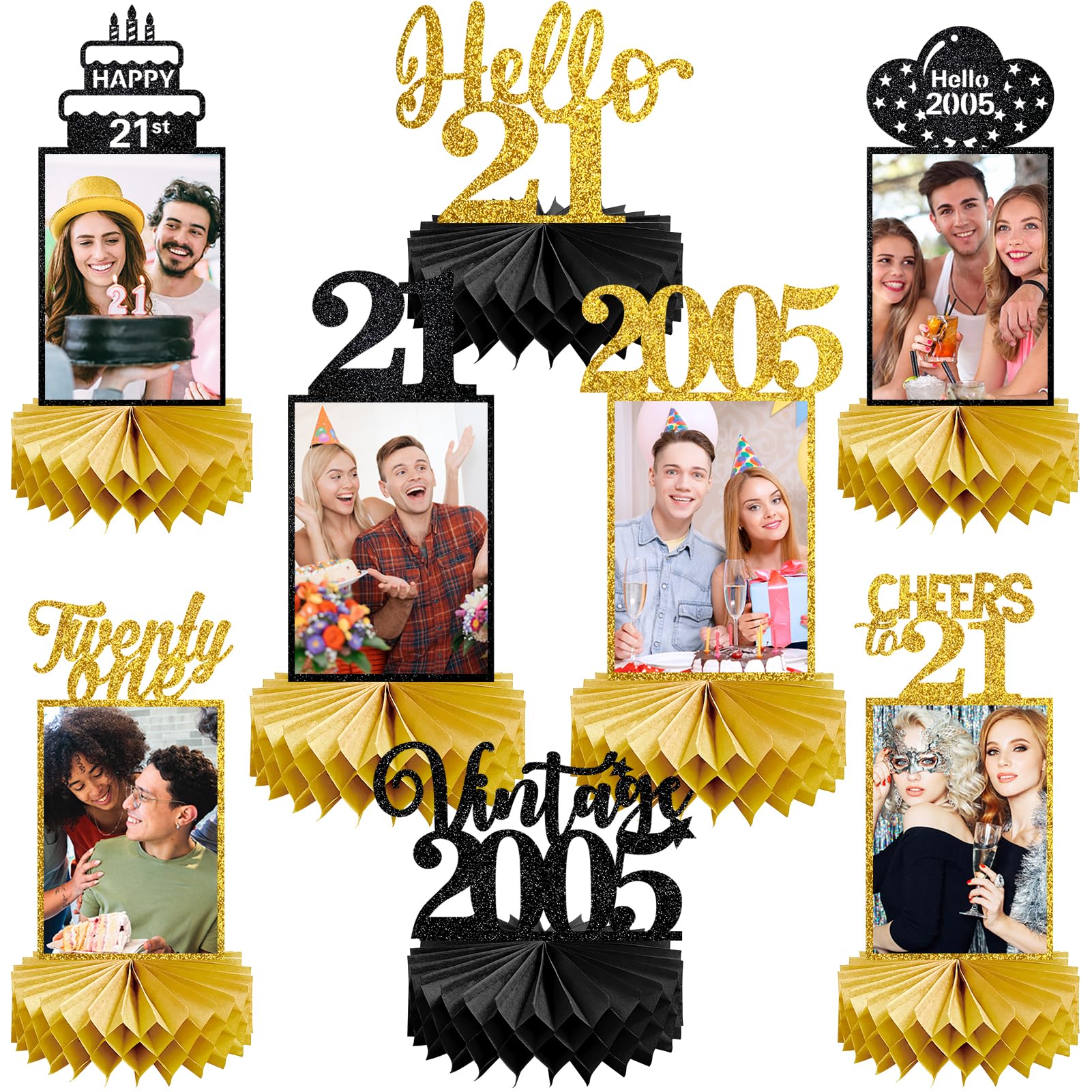Eucutur 8Pcs 21st Birthday Decorations Honeycomb Centerpieces for Him Her, Black Gold Vintage 2005 21st Bday Photo Table Centerpieces Party Supplies, Glitter Cheers to 21 Year Old Bday Table Topper
