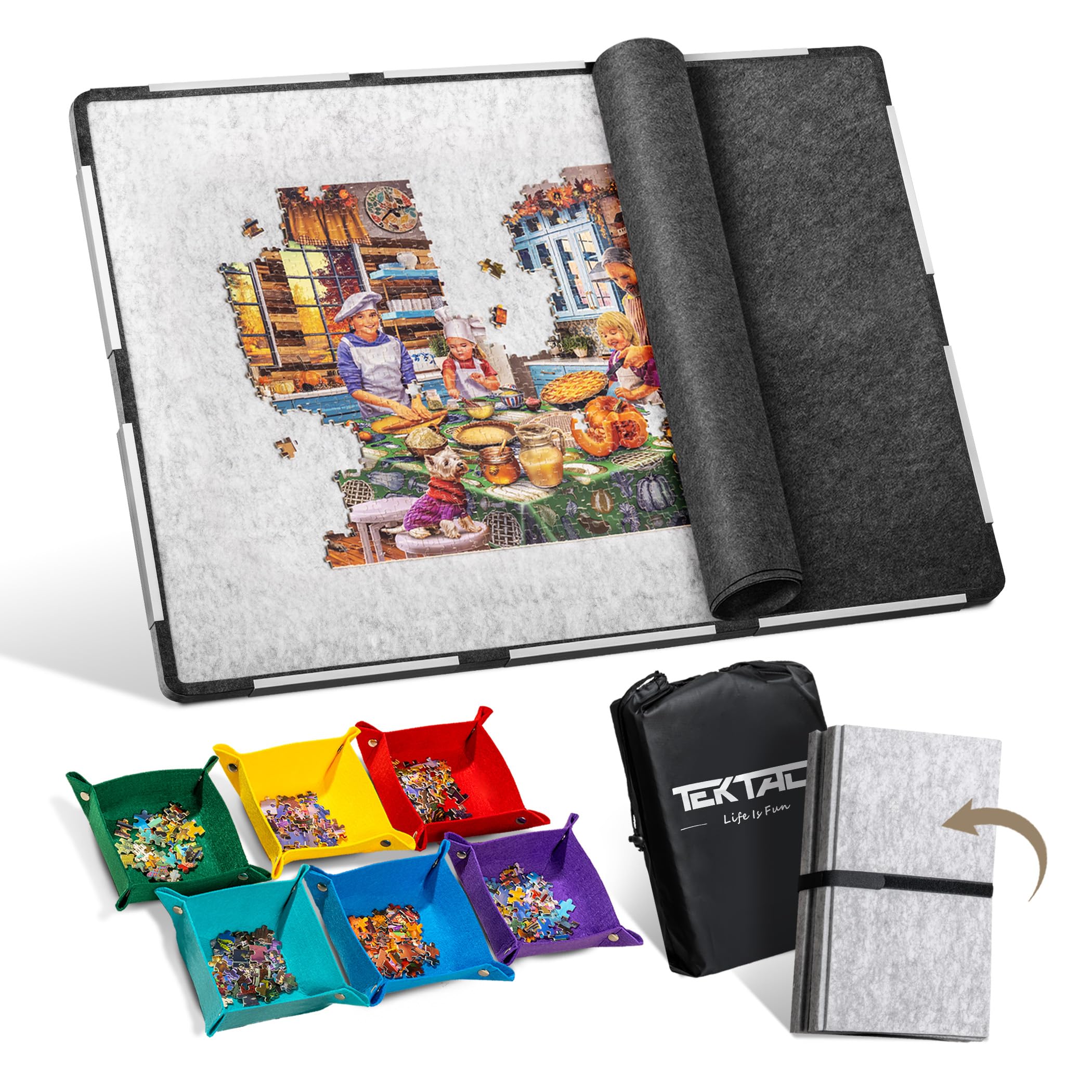 Tektalk 2000 Pieces Foldable Jigsaw Board, Felt Puzzle Mat with Non-Slip Surface & 6 Colored Sorting Trays, Portable Puzzle Storage Saver