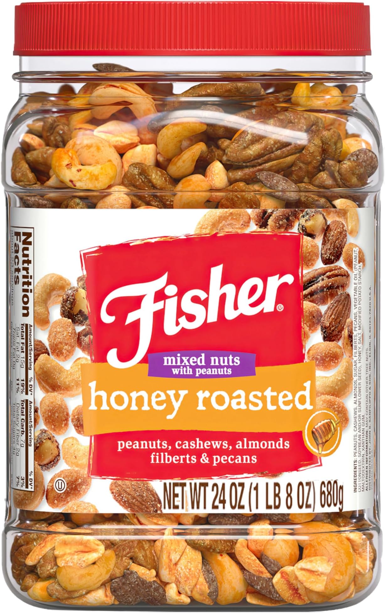 Fisher Snack Honey Roasted Mixed Nuts with Peanuts, 24 Ounces, Peanuts, Cashews, Almonds, Filberts, Pecans