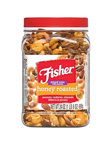 Fisher Snack - Nueces mixtas tostadas con miel con cacahuetes 24 onzas cacahuetes anacardos almendras filberts y nueces Fisher Snack - Nueces mixtas tostadas con miel con cacahuetes 24 onzas cacahuetes anacardos almendras filberts y nueces