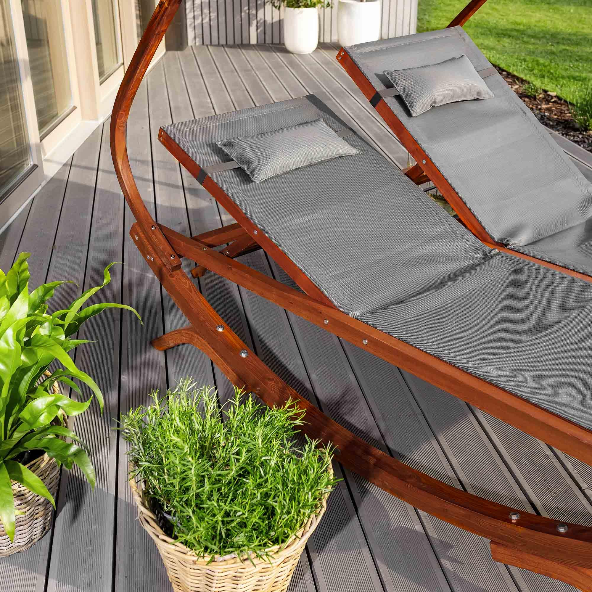 di volio Doppelliege aus Lärchenholz mit Dach für 2 Personen Outdoor Pionza | 280 kg belastbar, getrennt verstellbare Rückenlehnen, Sonnendach, Kopfkissen, Teslin-Gewebe, Terrasse, Garten, Pool
