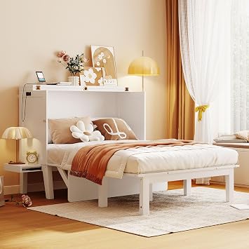 Full Size Murphy Bed with USB Port, Desk and Removable Shelves On Each Side, Queen Platform Bed Wood Frame, for Guest Room Home Office White-010