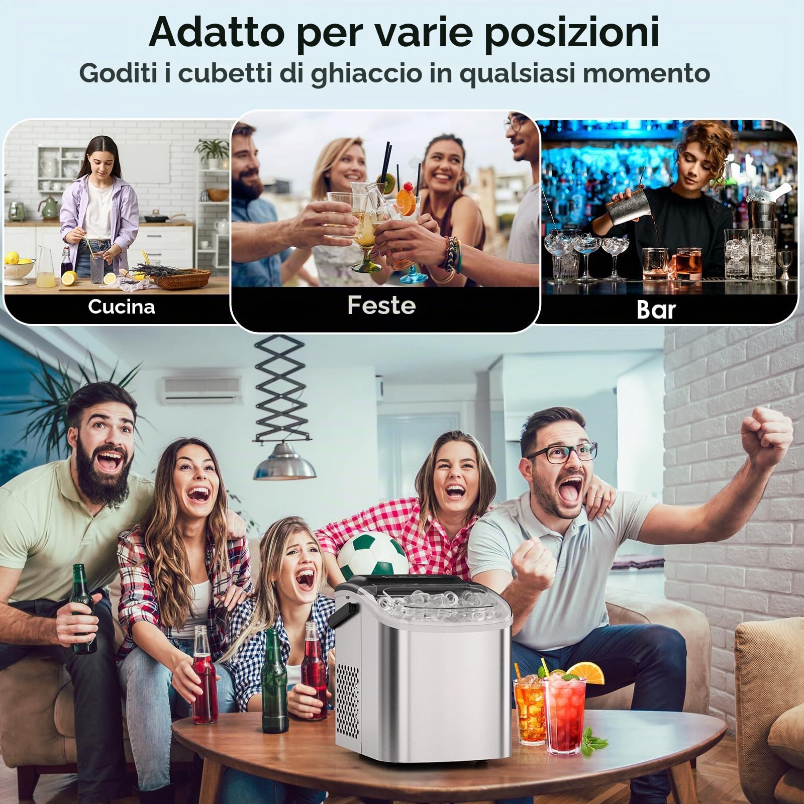 Macchina Ghiaccio, 12 kg/24h, 9 Cubetti di Ghiaccio in 6 Minuti, 2 Dimensioni di Ghiaccio, Silenzioso, Macchina del Ghiaccio con Maniglia, Macchina per il Ghiaccio Autopulente per Cucina/Ufficio/Bar