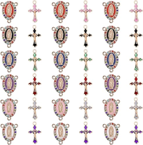 48 unids24 juegos de kits de fabricación de rosario, suministros de cruz y centro de medallas, dijes de aleación esmaltada de diamantes de imitación