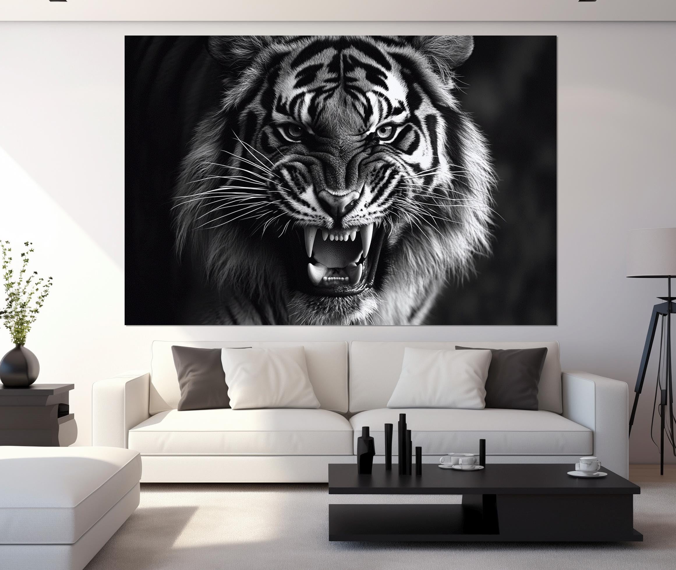 Caoxtart Men's Frameless Black And White Canvas Print, Roaring Tiger Poster, Animals Portrait Wall Art, Tiger Photo, Large Tiger Canvas Painting(70X100cm/Frameless)