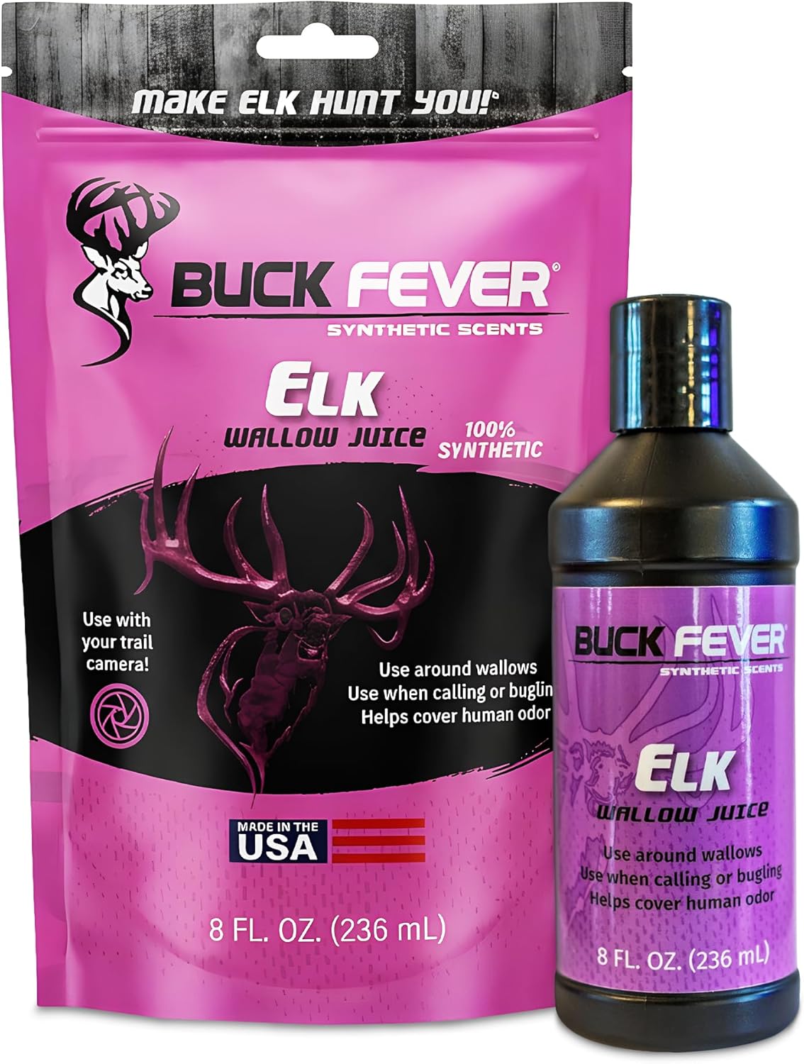 Buck Fever Elk Wallow Juice (1Gal) – Synthetically Formulated Elk Scent Attractant – Non Spoiling Synthetic Cow & Bull Rut Scent for Trail Camera – Moisture Reactivated Mature Bull Hunting Scents