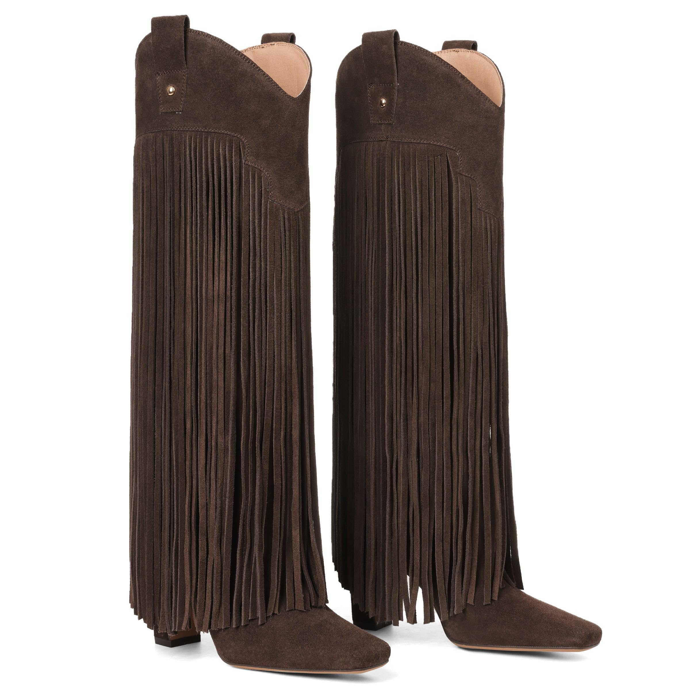 Mattiventon Knee High Boots for Women Fashion Fringe Boots with Square Toe Chunky Heel Pull On Suede Tall Boot for Party Dating