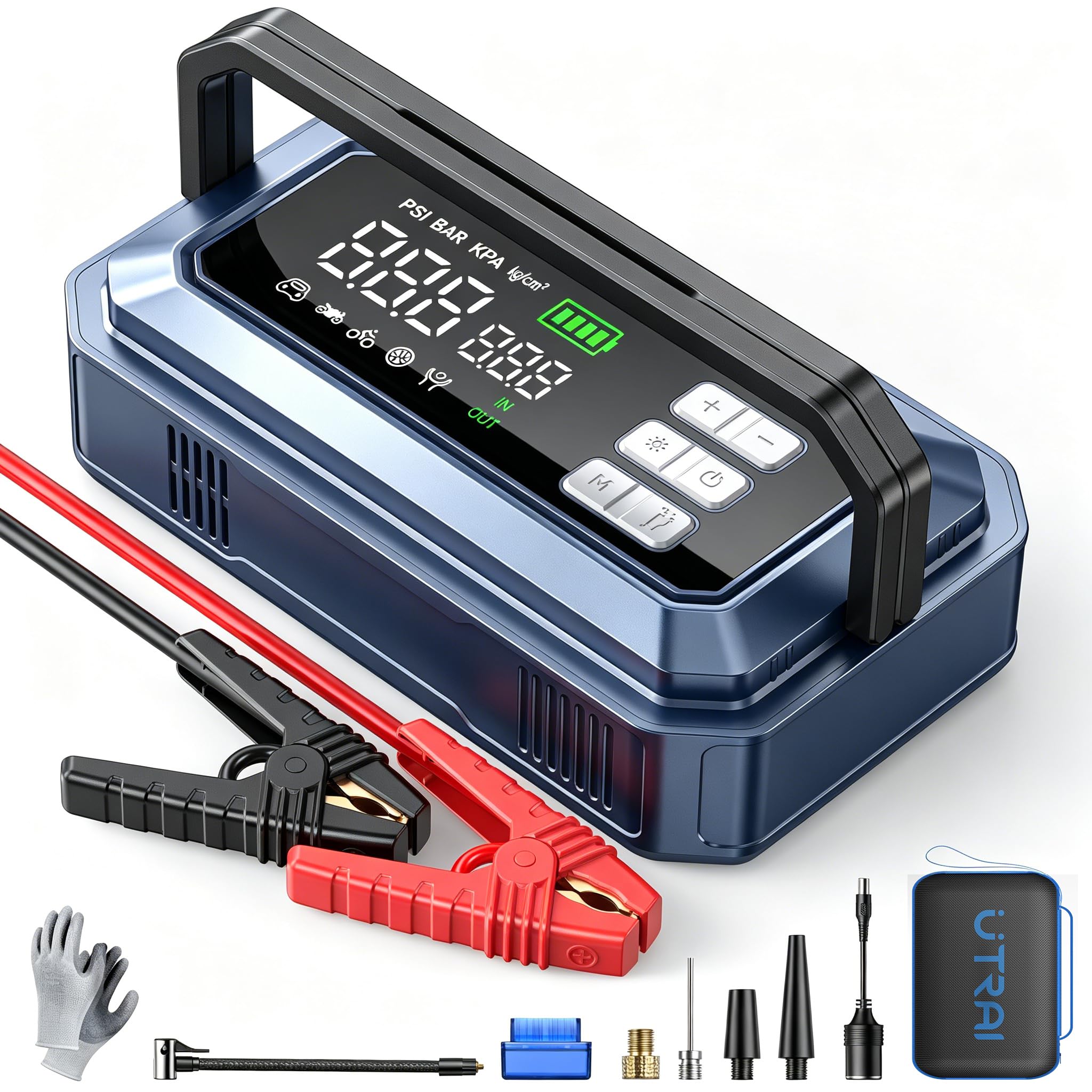 UTRAI 14-IN-1 Avviatore di Emergenza con Compressore, 8000A 150PSI Booster Avviamento Auto, Diagnosi OBD II, DC160W (Tutti Gas/12L Diesel), 12V Starter Batteria Auto con LED Torcia, 18W Power Bank