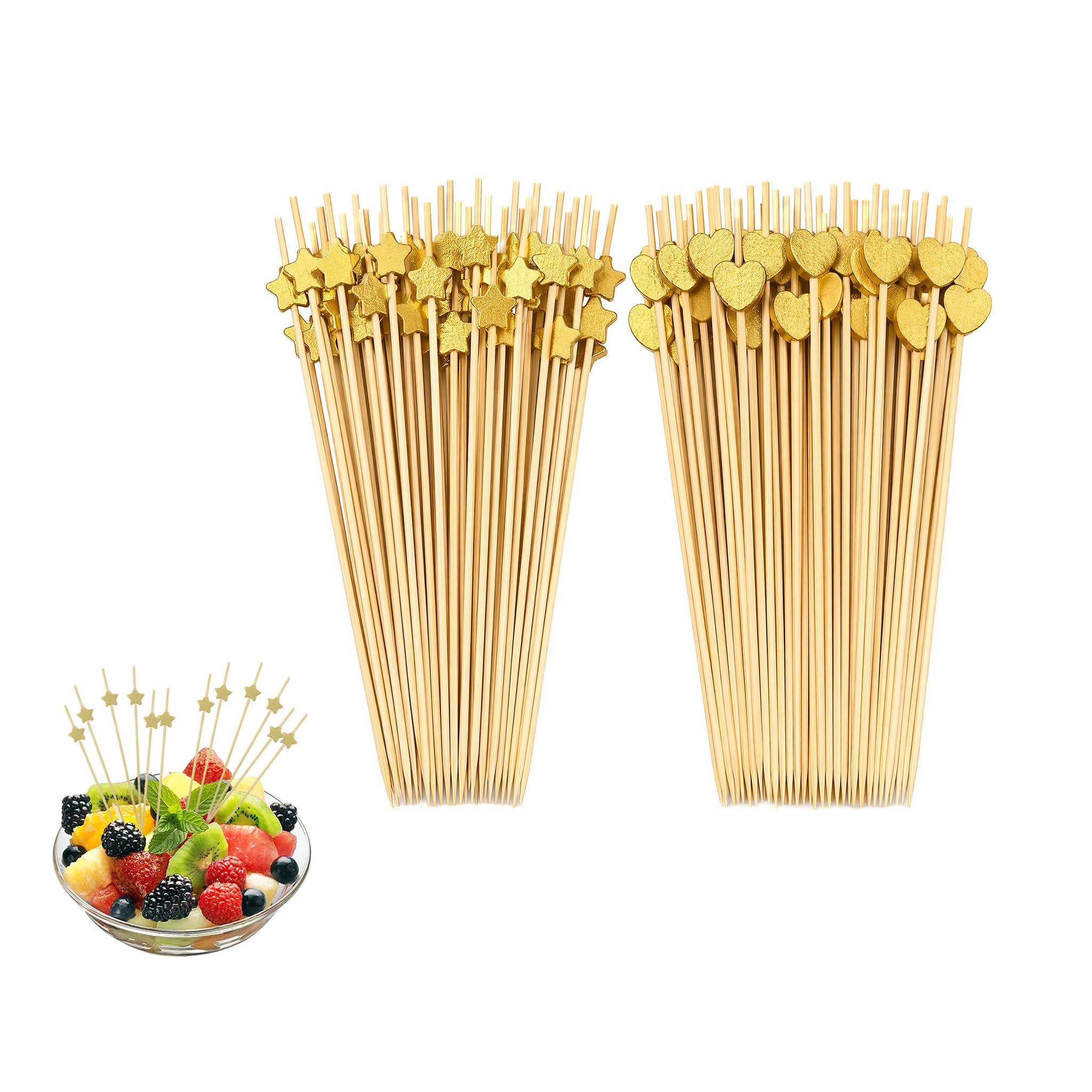 200 Pcs Bamboo Cocktail Sticks, 4.7in Stars Hearts Food Picks Fruit Skewers