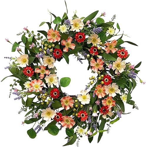 Decor Wreath,24" Daisy and Lavender Wreath,Beautiful Artificial Spring and Summer Wreath Front Door or Home Decoration