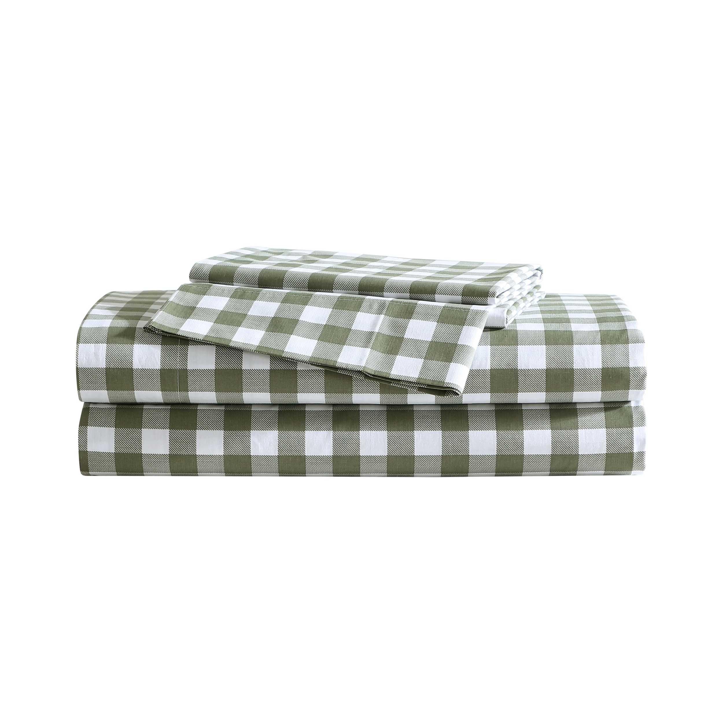 Eddie Bauer - Twin Sheet Set, Crisp & Cooling Sheets w/a Naturally Smooth Cotton Percale Lightweight Feel - Matching Pillowcase & Deep Pocket Fitted Sheet (Preston Check Green)
