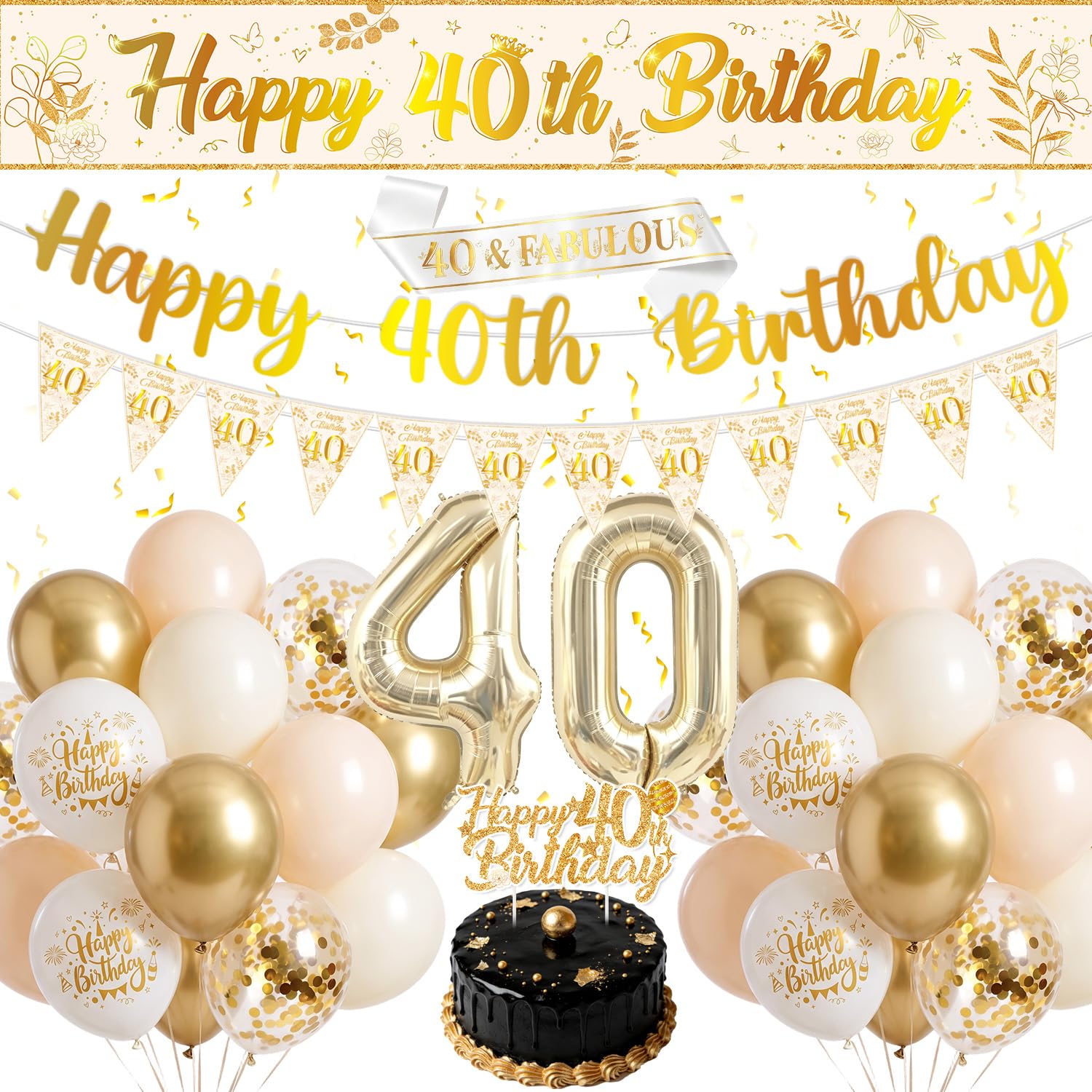 Eiapadeor 40th Birthday Decoration, White Gold Banner Balloon Set for Women