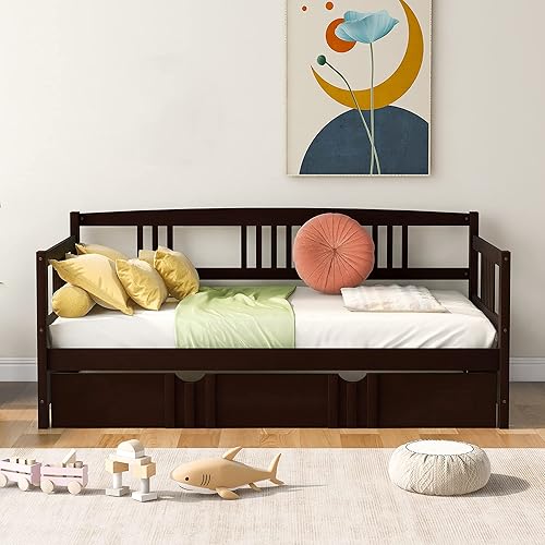 Miniatura 18 de Marco de sofá cama de madera, sofá cama individual con soporte de listones de madera, sofá cama con rieles (blanco)